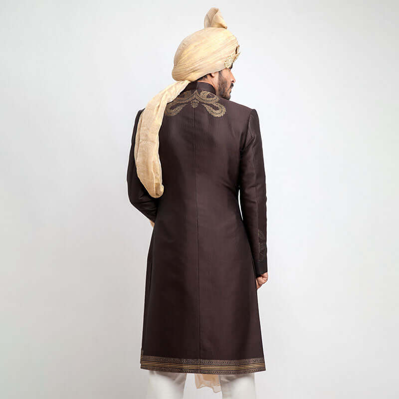 Elegant Chocolate Brown Brocade Sherwani for Men - Perfect for Weddings, Festivals & Special Occasions