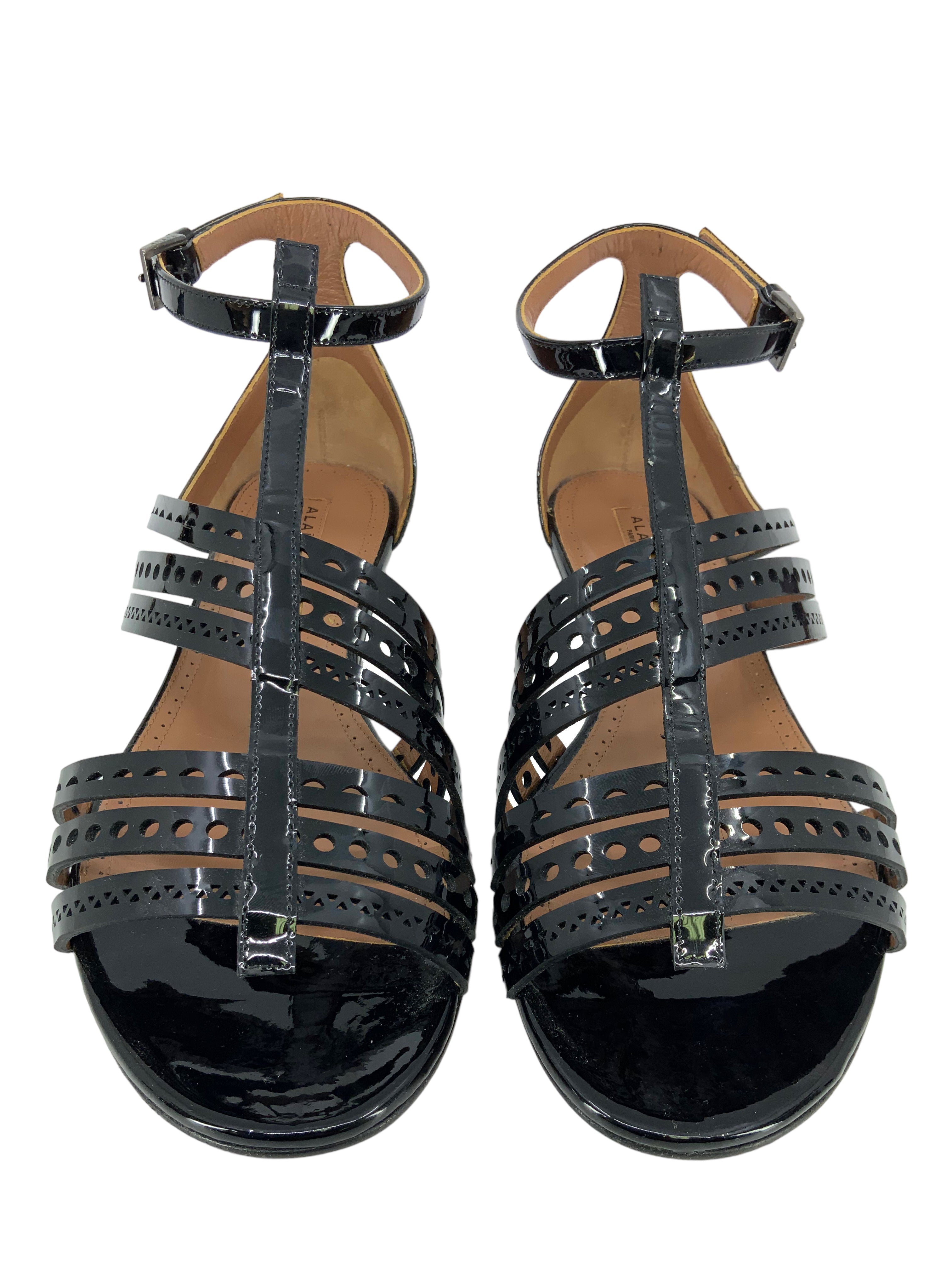 ALAIA Perforated Patent Leather Gladiator Sandals - Women's Size 10.5 | Stylish Summer Sandals for Beach, Vacation & Casual Outings