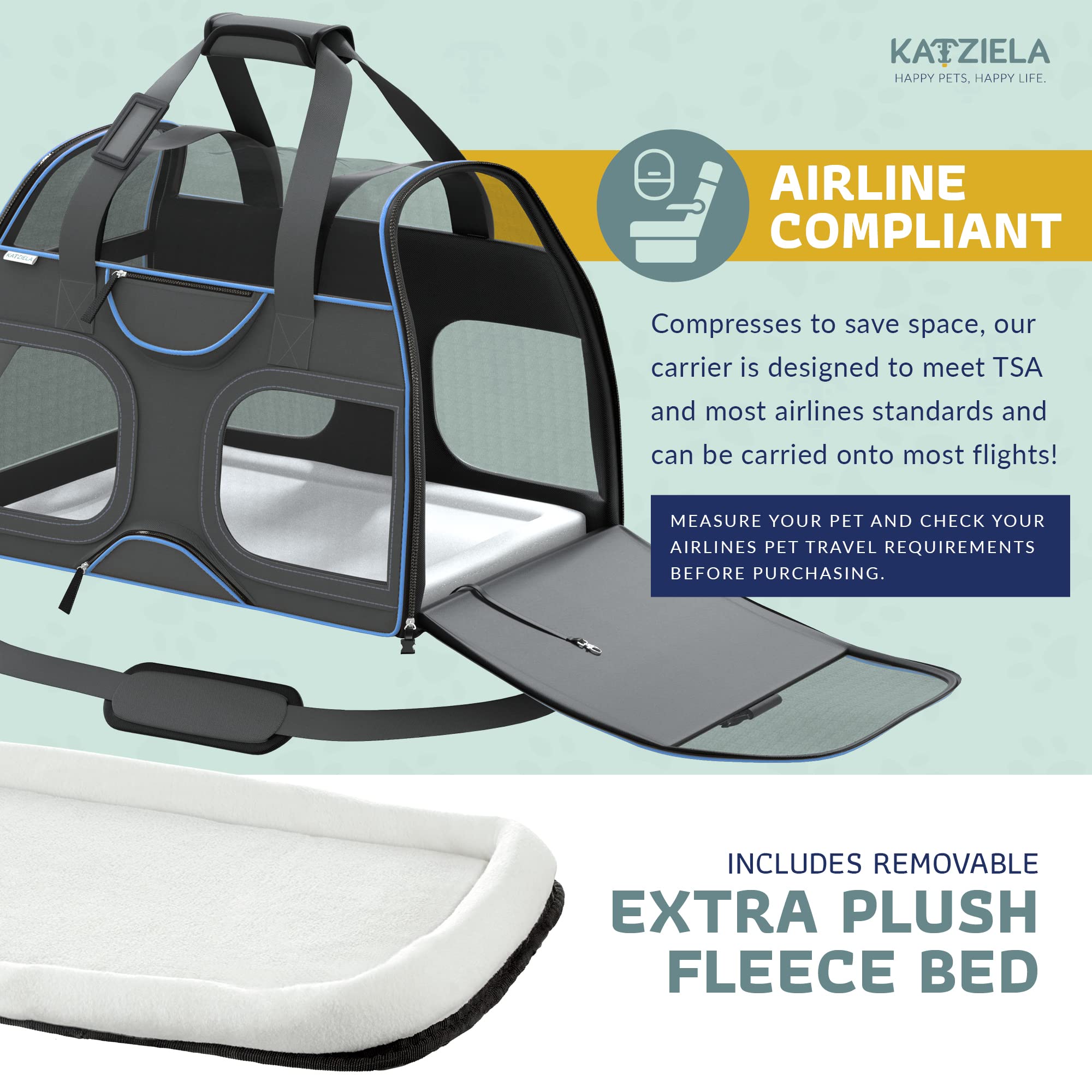 Katziela Airline Approved Pet Carrier for Small Dogs & Cats - TSA & FAA Compliant Soft-Sided Travel Carrier - Perfect for Airplane, Car, and Outdoor Adventures (Black/Blue)