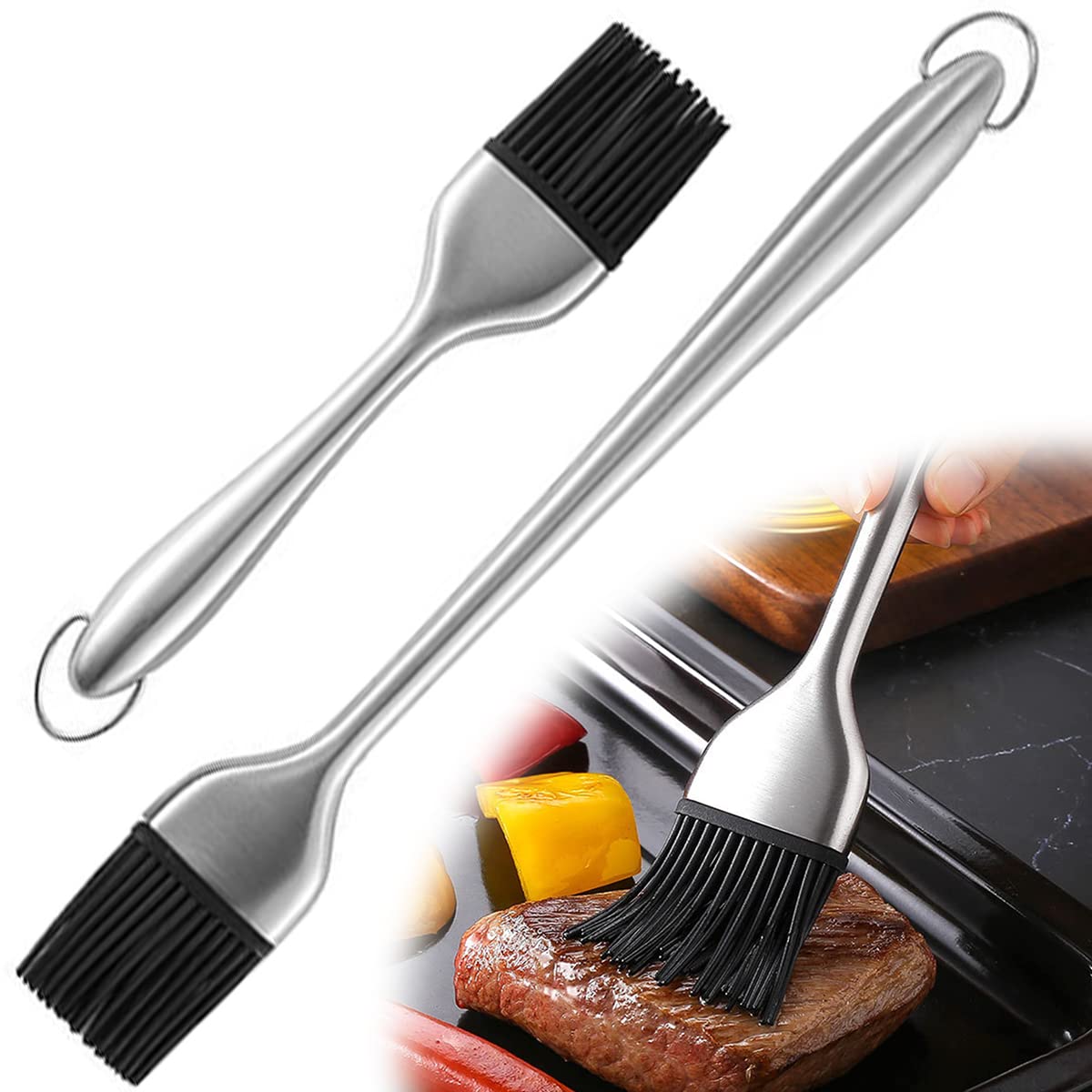 2-Piece Silicone Basting Brush Set - Heat Resistant Oil & Sauce Brush with Detachable Head & Stainless Steel Handle - Perfect for BBQ Grilling, Baking, Roasting & Kitchen Cooking