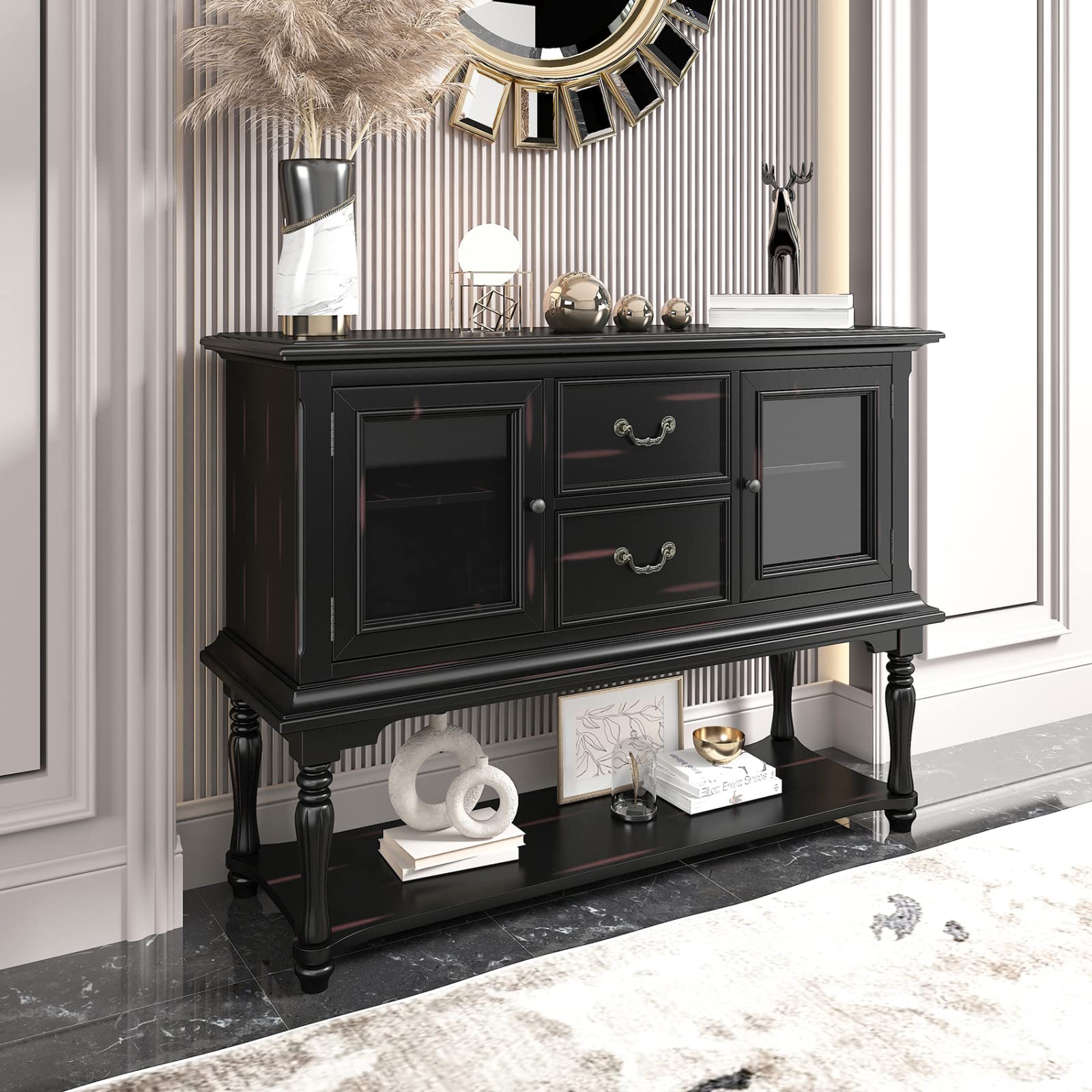 Vintage Solid Wood Console Table with Drawers & Glass Doors - Living Room, Entryway Decor