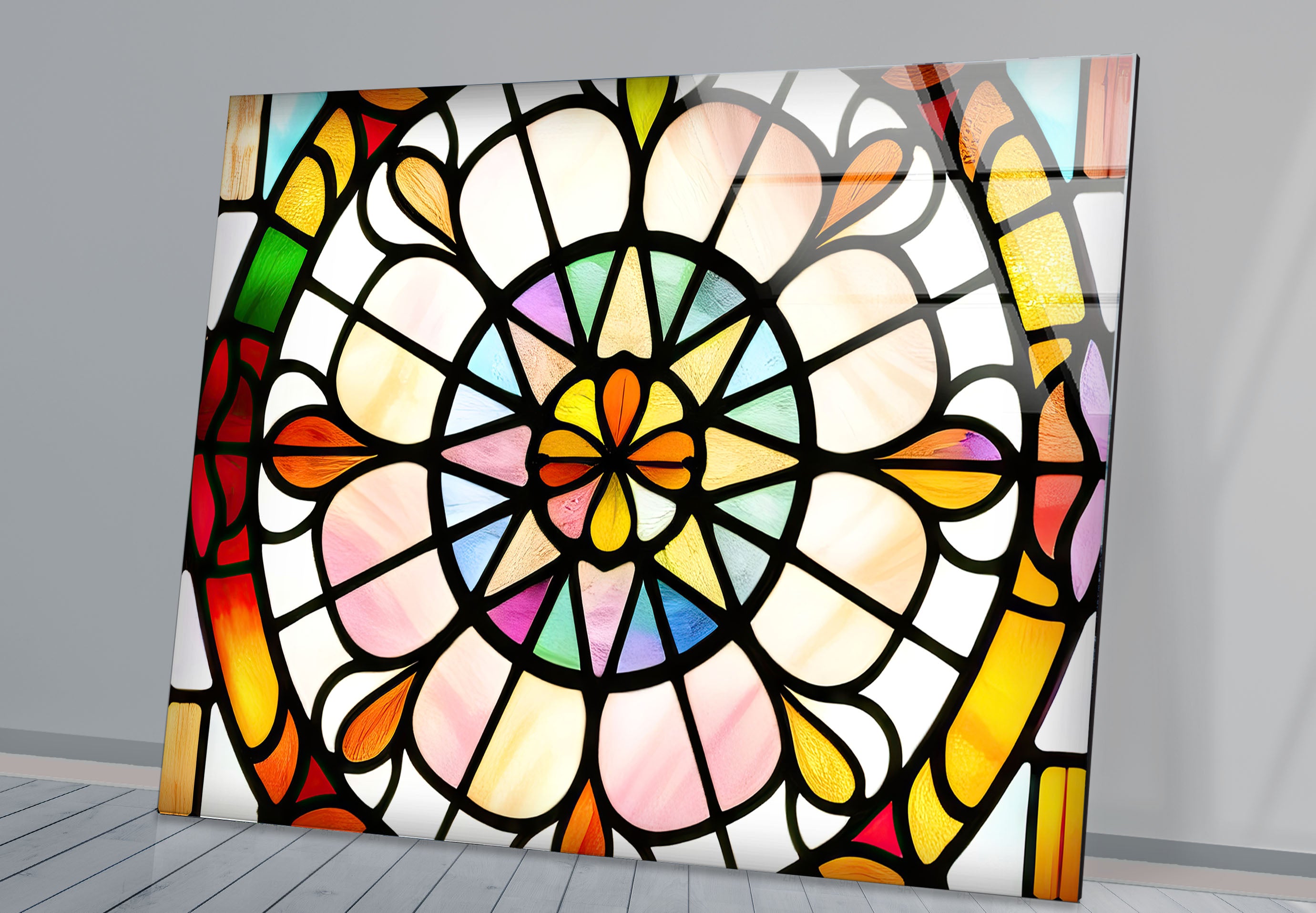 Vibrant Stained Glass Wall Art - Handcrafted Rose Window Design for Home Decor, Church & Wedding Venue