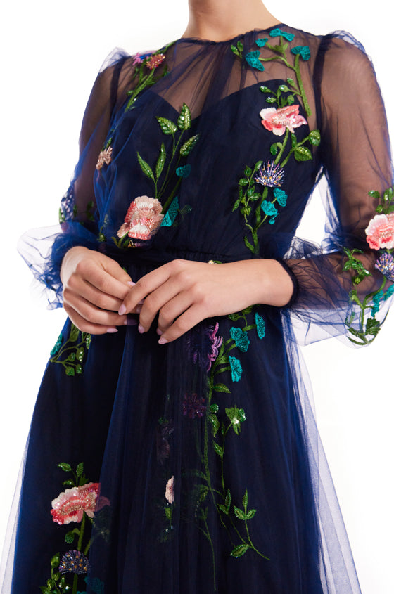 Elegant Jewel Neck Puff Sleeve Embroidered Tulle Gown Dress for Women | Formal Evening Gowns for Weddings, Prom, and Special Occasions