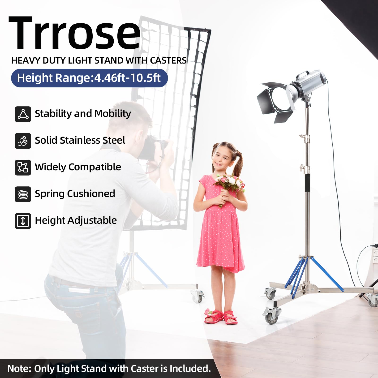 Professional Heavy Duty 10.5ft Adjustable Light Stand with Casters - 320cm Stainless Steel Photography Stand for Strobe Lights, Softboxes & Reflectors | High Stability & Mobility for Studio, Outdoor & Event Photography