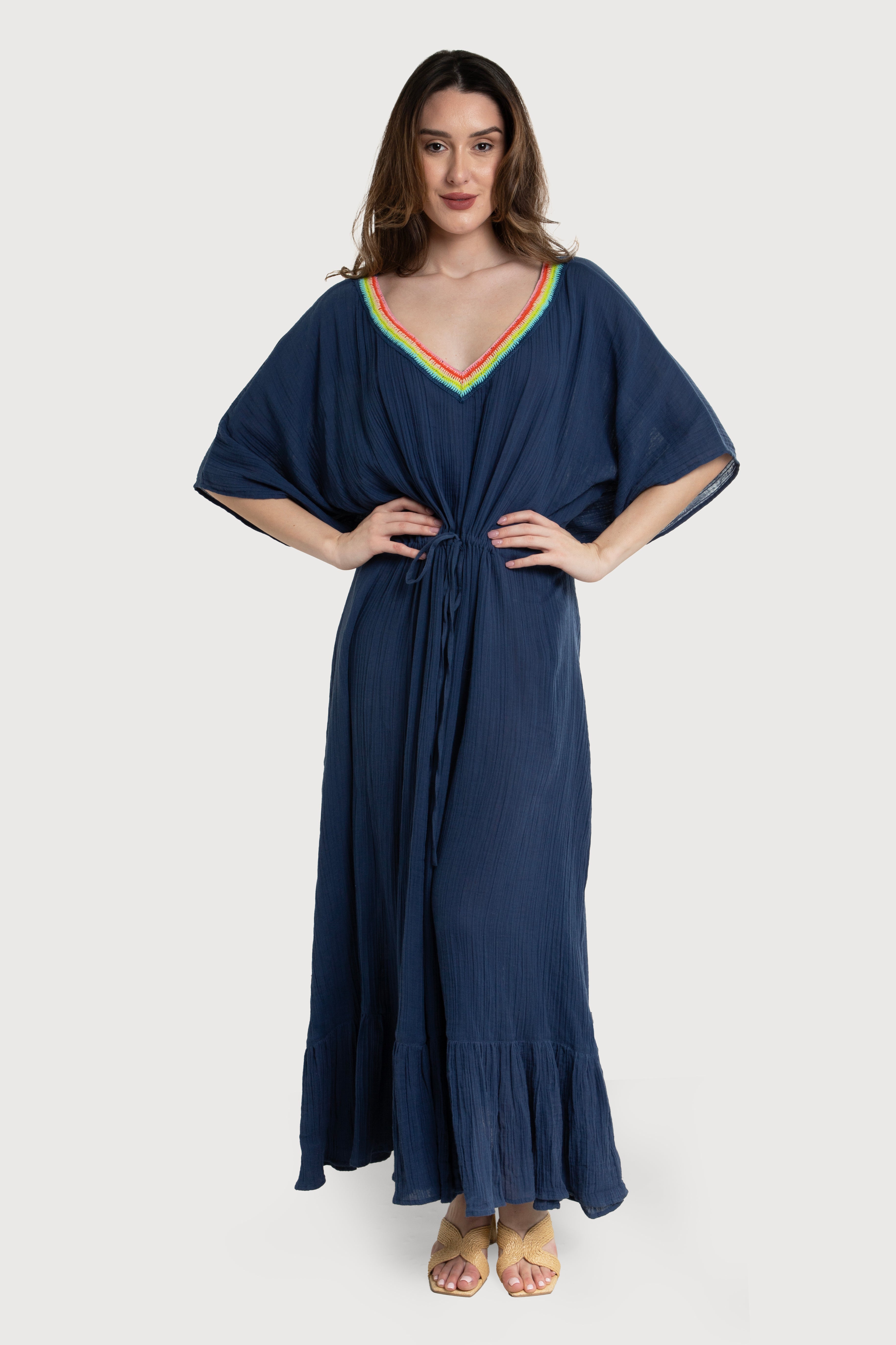 Crochet Rainbow Kaftan Maxi Dress - Boho Chic Beach Cover Up for Women - Perfect for Summer Vacations, Pool Parties & Music Festivals