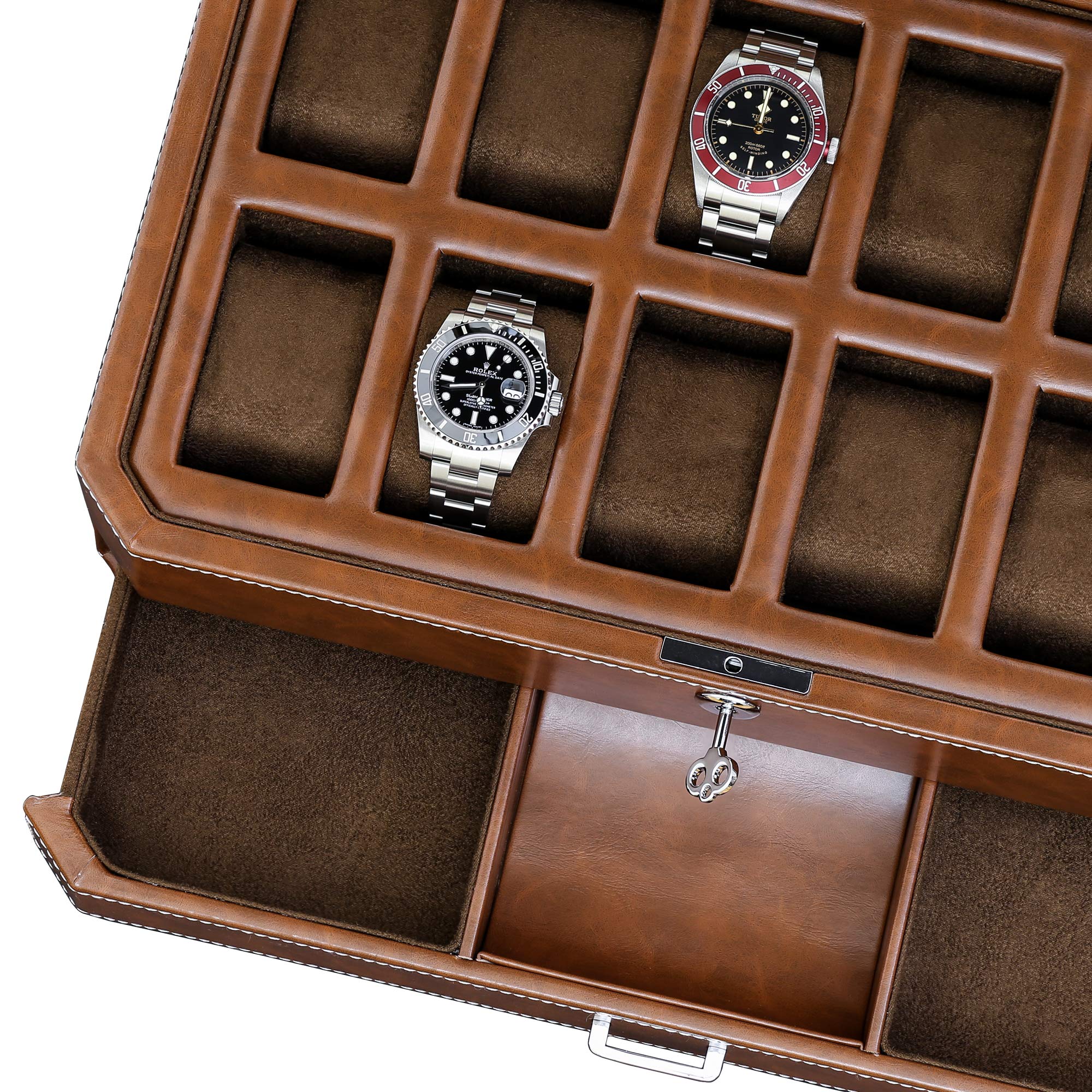 ROTHWELL 12 Slot Leather Watch Box with Valet Drawer - Luxury Watch Case Organizer for Men, Microsuede Lined Jewelry Display Case (Tan/Brown) - Perfect for Watch Collectors & Jewelry Storage at Home or Office
