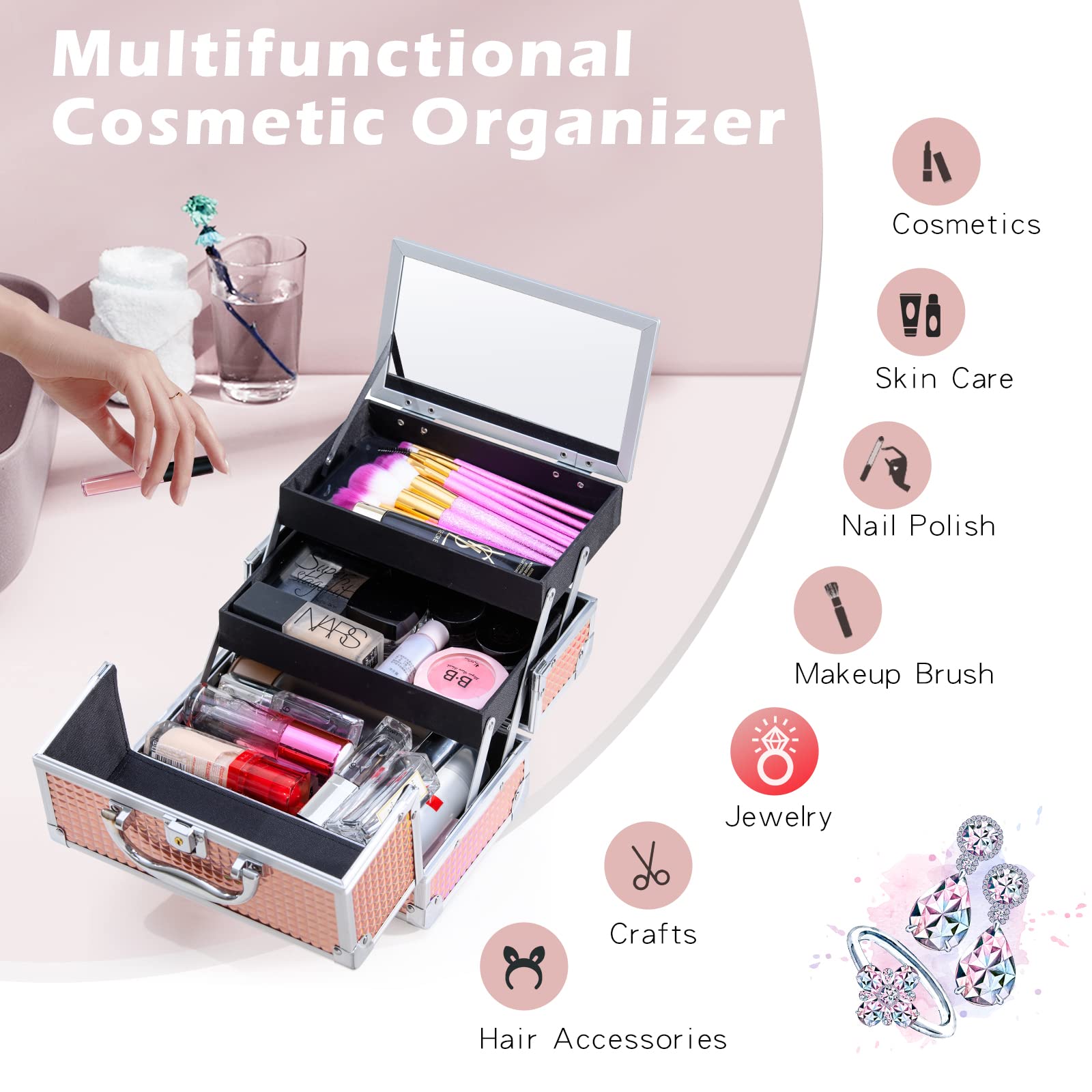 Joligrace Lockable Makeup Train Case with Mirror & 2-Tier Tray - Portable Cosmetic & Jewelry Organizer with Keys, Handle for Travel Storage | Perfect for Salon Professionals & Home Beauty Organization