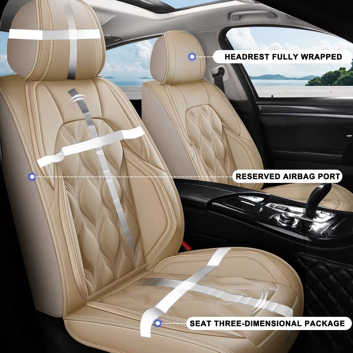 AOMSAZTO Premium Faux Leather Car Seat Covers - Custom Fit for Toyota Corolla 2000-2019 Models (2 Front Seats) | Airbag Compatible, Waterproof & Durable Beige Seat Protectors | Perfect for Commuting, Road Trips & Daily Driving