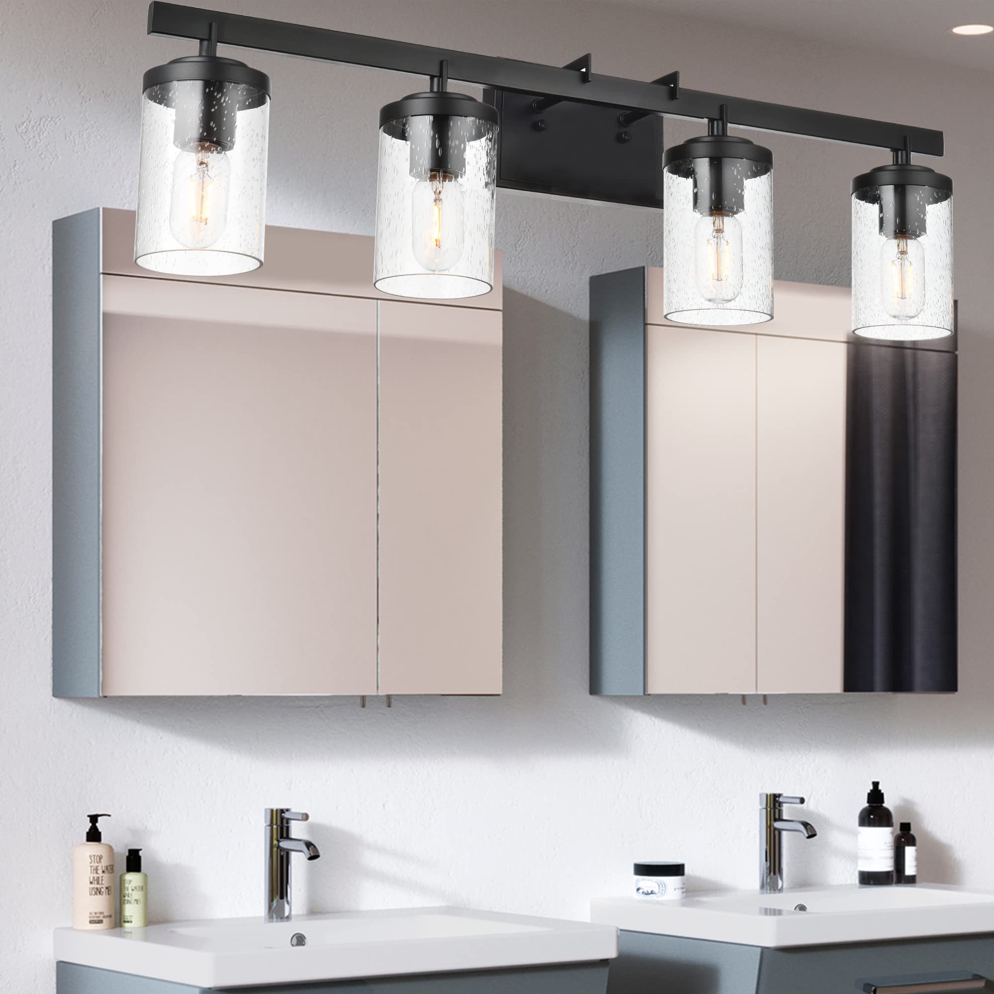 BONLICHT 4-Light Transitional Wall Sconce with Seeded Glass Shade - Modern Black Vanity Light for Bathroom, Kitchen & Hallway | Farmhouse Industrial Style Mirror Lighting, Wall Mount Fixture (Perfect for Bathroom Vanity, Farmhouse Decor & Entryway Lighting)