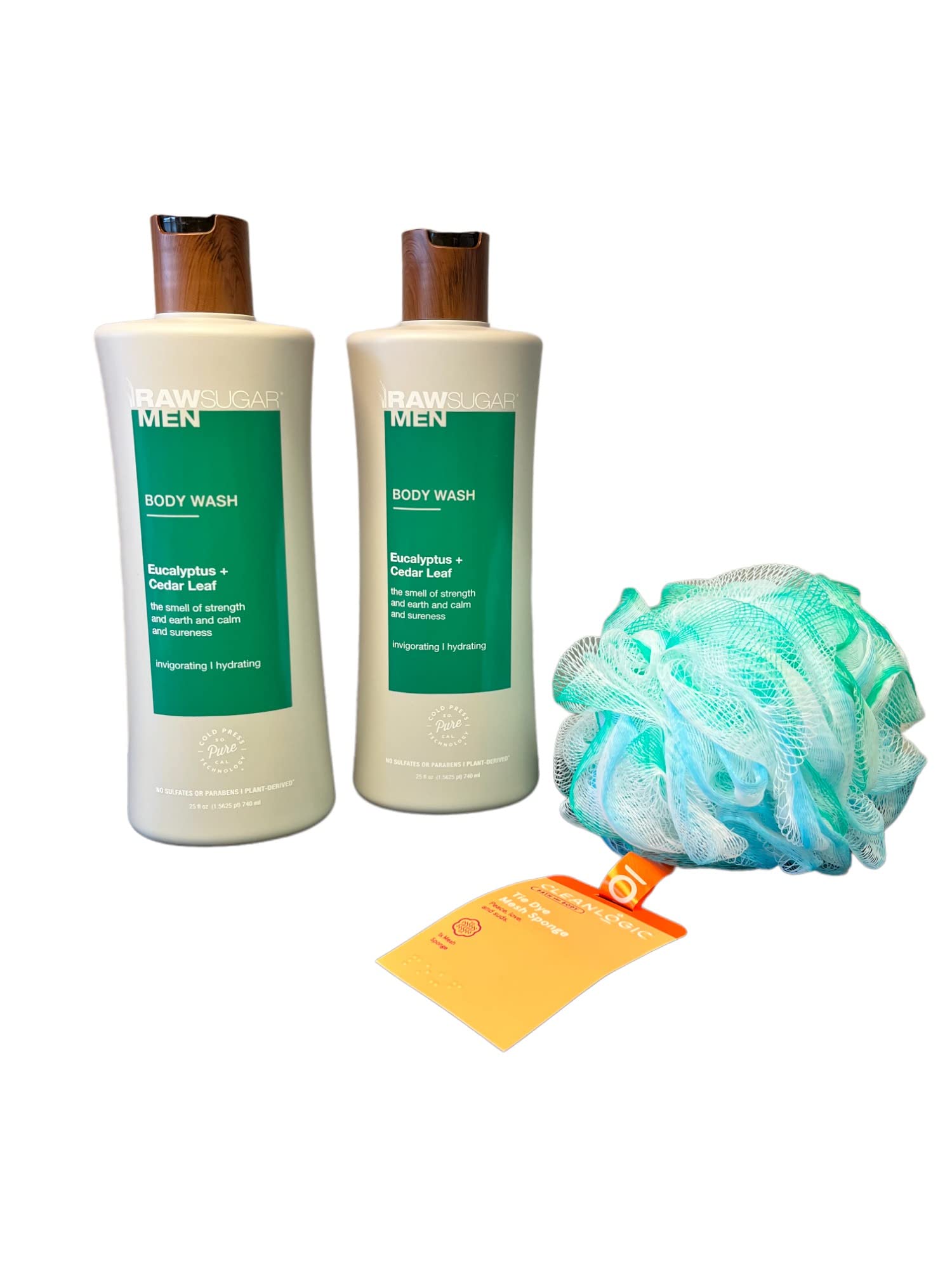 Raw Sugar Men's Eucalyptus & Cedar Leaf Body Wash Bundle - 2 Pack (25 oz Each) with Black/Green Loofah | Refreshing Shower Gel for Men | Gym, Post-Workout & Daily Use
