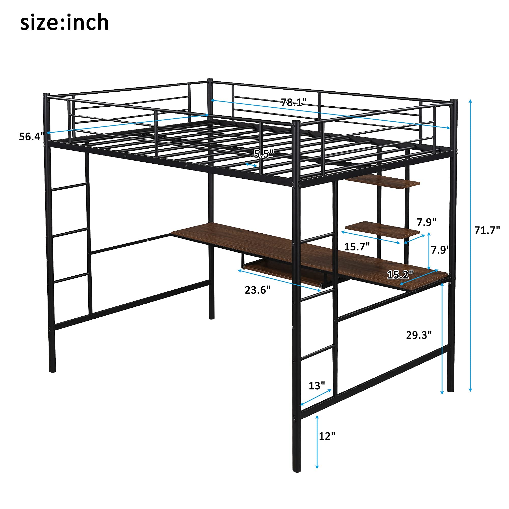 RUNNA Full Size Loft Bed for Kids & Teens - Sturdy Metal Bunk Bed with Built-in Study Desk, Shelves & Keyboard Tray - Space Saving Furniture for Small Rooms - Perfect for Dorm, Bedroom or Apartment