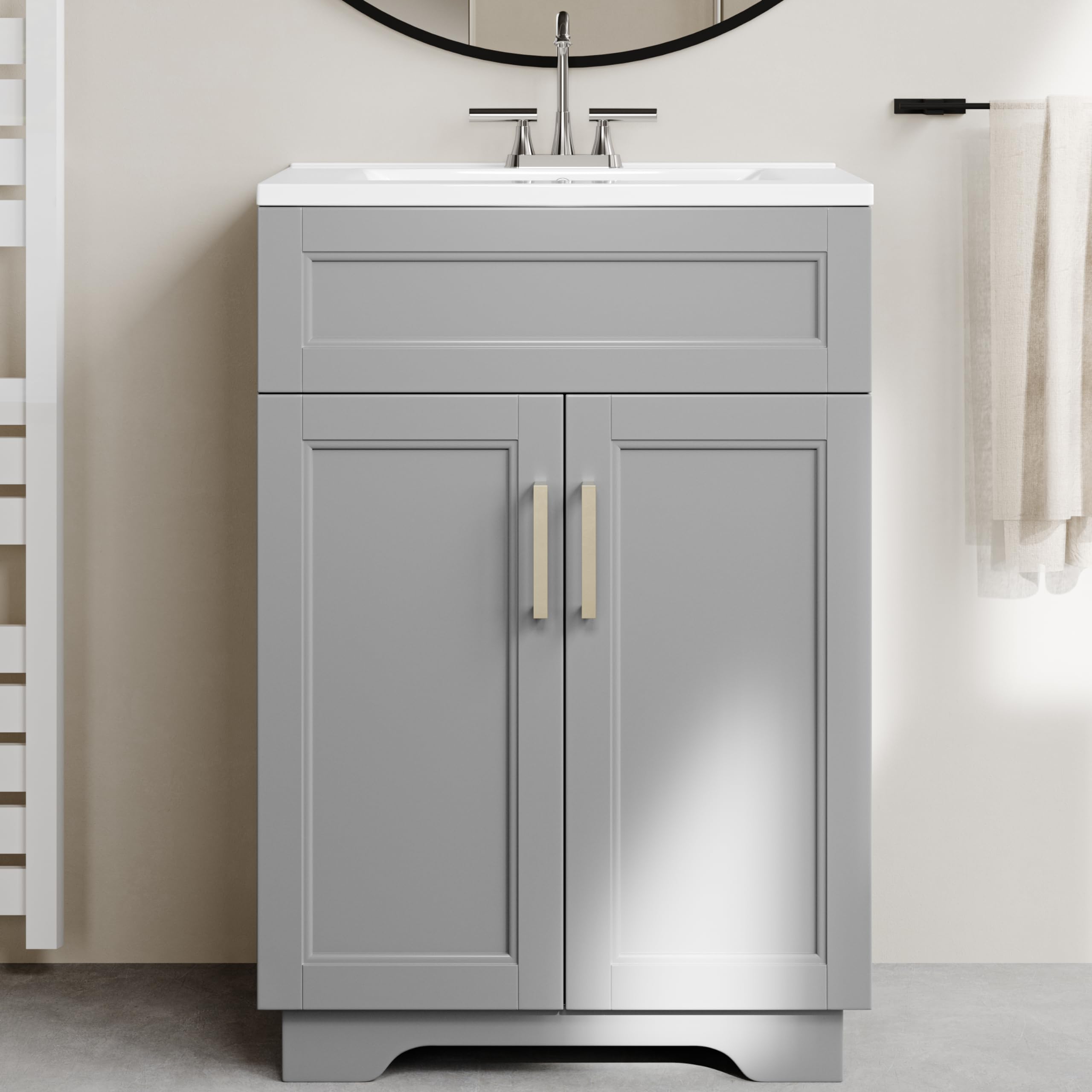 OLD CAPTAIN 24 Inch Bathroom Vanity with Ceramic Sink & Wooden Double Doors - Quick Assembly White & Grey Bathroom Storage Cabinet for Small Spaces | Perfect for Powder Rooms, Guest Baths & Apartment Renovations