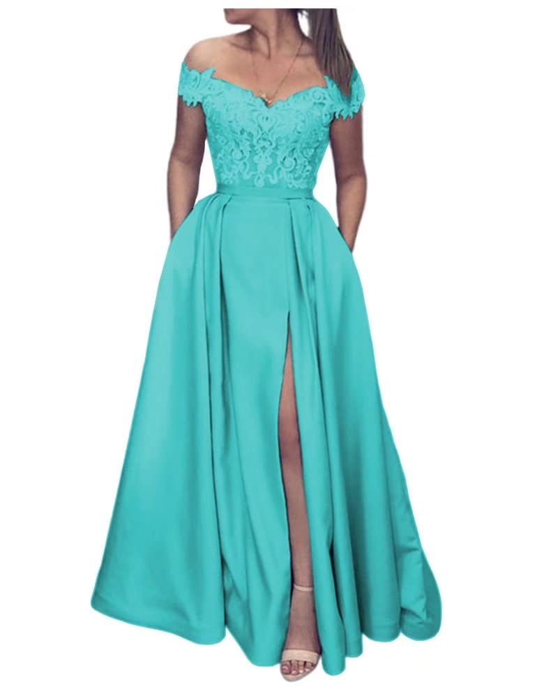 Elegant Off Shoulder Prom Dresses for Women - Long Satin Sweetheart Formal Gown with Thigh High Slit & Lace Detailing | A-Line Evening Dress for Homecoming, Wedding Guest, Cocktail Party