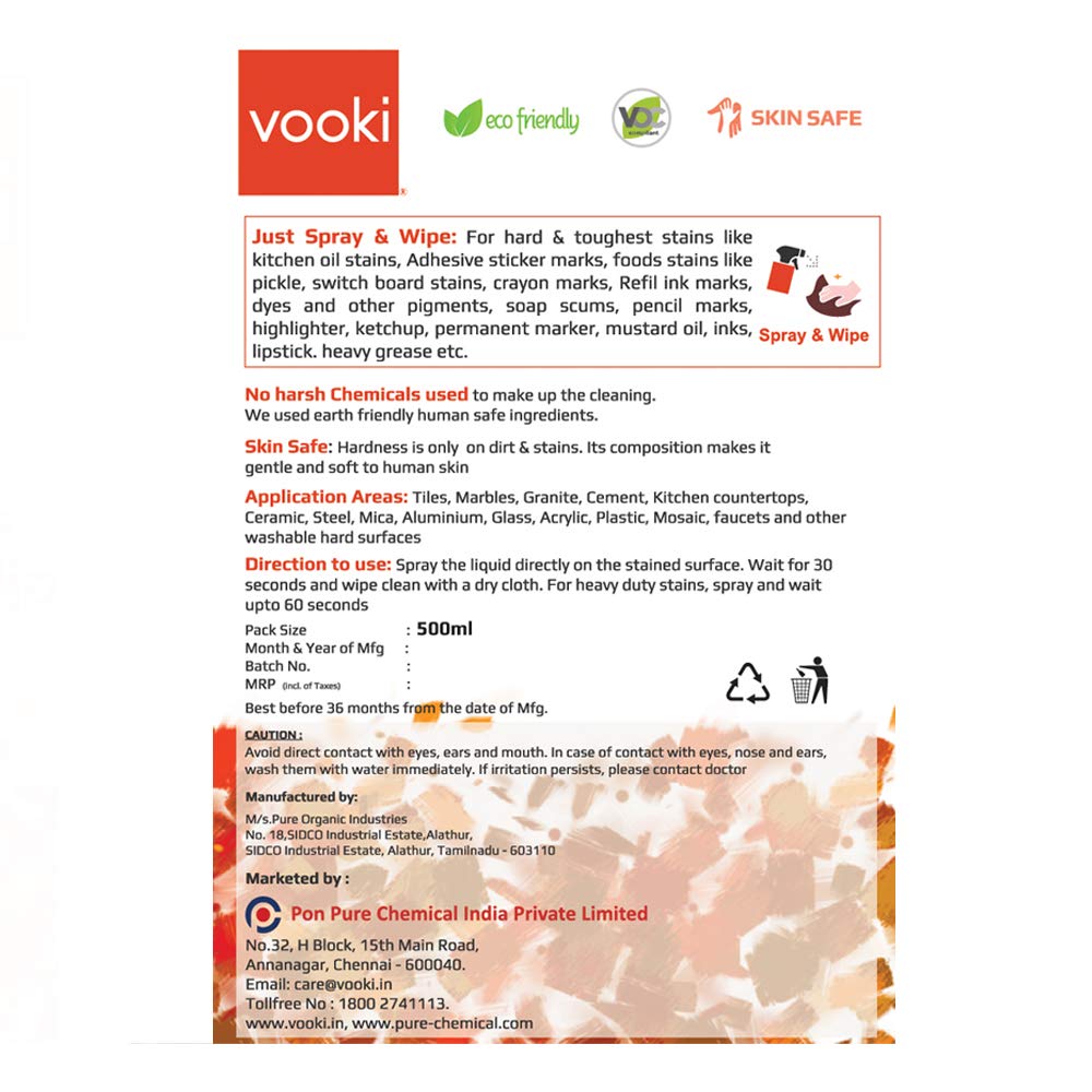 Vooki Eco-Friendly Heavy Duty All Purpose Stain Remover - 500ml Hard Surface Cleaner for Kitchen, Stove, Oil, Grease, Sink, Countertop, Tiles, Walls & Chimney - Non-Toxic Degreaser Spray for Home & Commercial Use - Perfect for Deep Cleaning & Maintenance