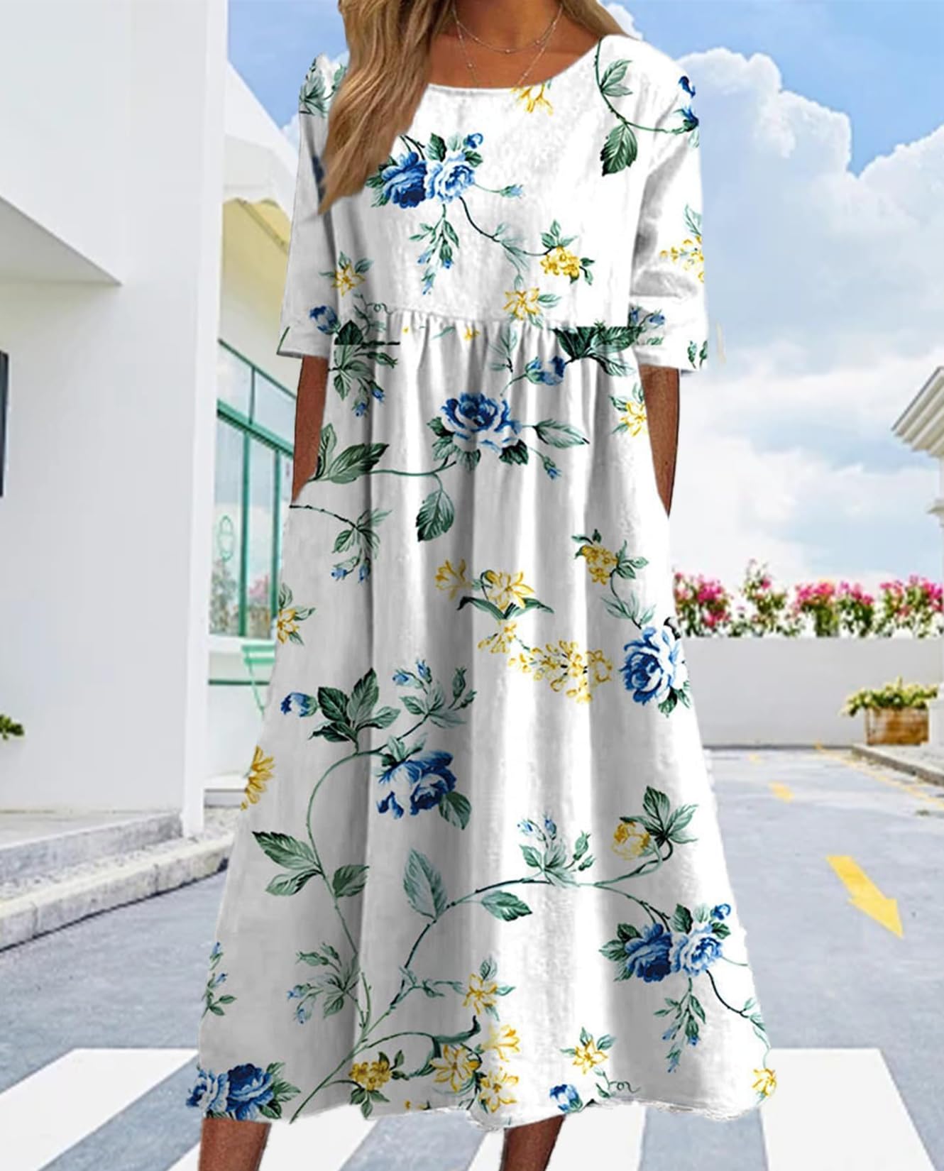 Boho Floral Print Midi Dress for Women - Short Sleeve Pleated Casual Beach Dress with Pockets | Summer 2024 Fashion | Perfect for Vacations, Date Nights & Outdoor Events