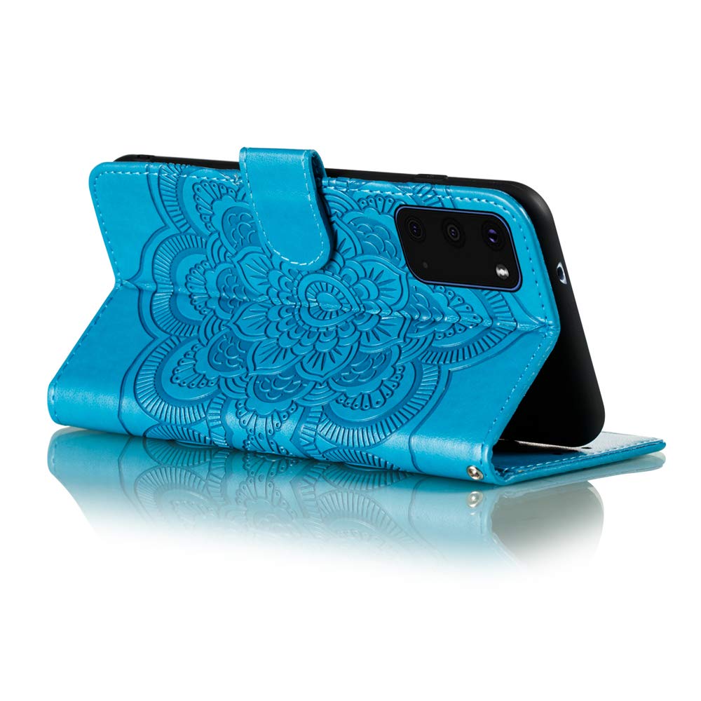 Premium PU Leather Mandala Embossed Flip Wallet Case with Card Holder & Kickstand for Samsung Galaxy S20 Plus - Shockproof Protective Cover (Mandala Blue) | Perfect for Work, Travel & Everyday Use