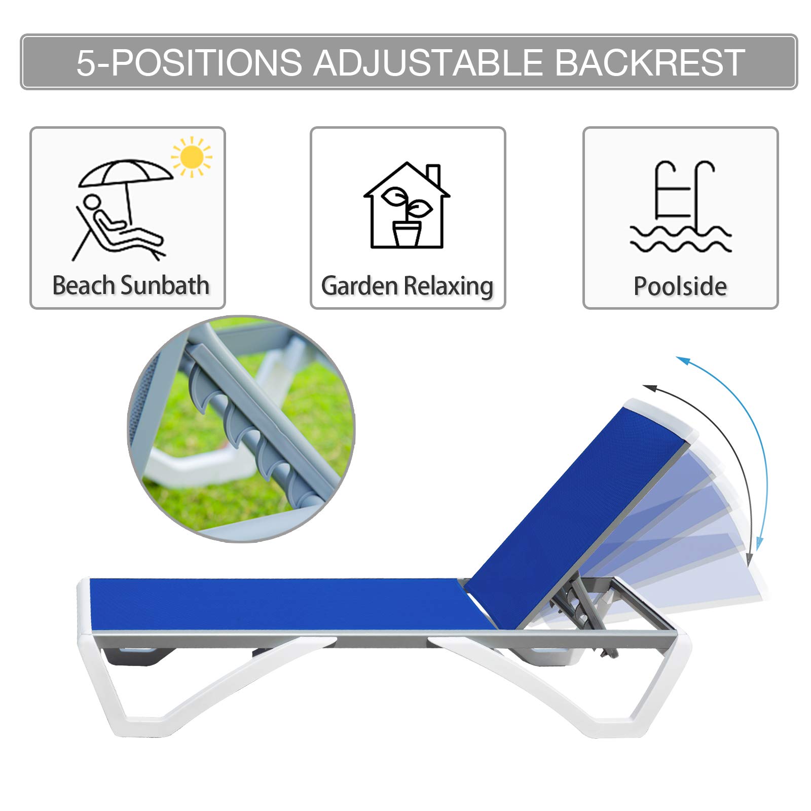**Domi Outdoor Living Adjustable Aluminum Patio Chaise Lounge - Lightweight Plastic Pool Lounge Chair Set (2 Blue Lounges with Side Table) - Perfect for Backyard, Poolside & Beach Relaxation**