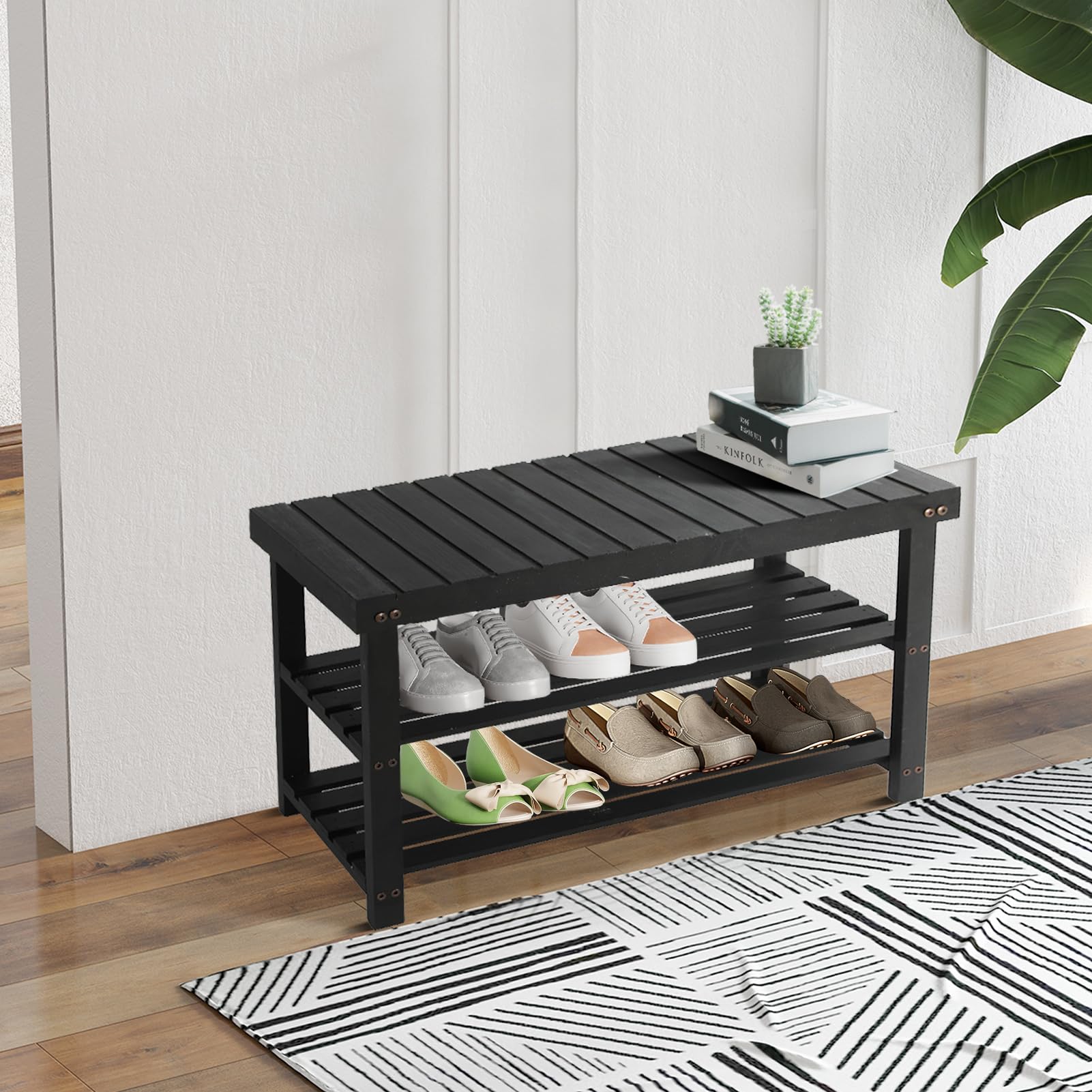 3-Tier Wooden Shoe Rack Bench - Entryway Shoe Organizer with Storage Shelf for Bedroom, Balcony & Hallway (27.5