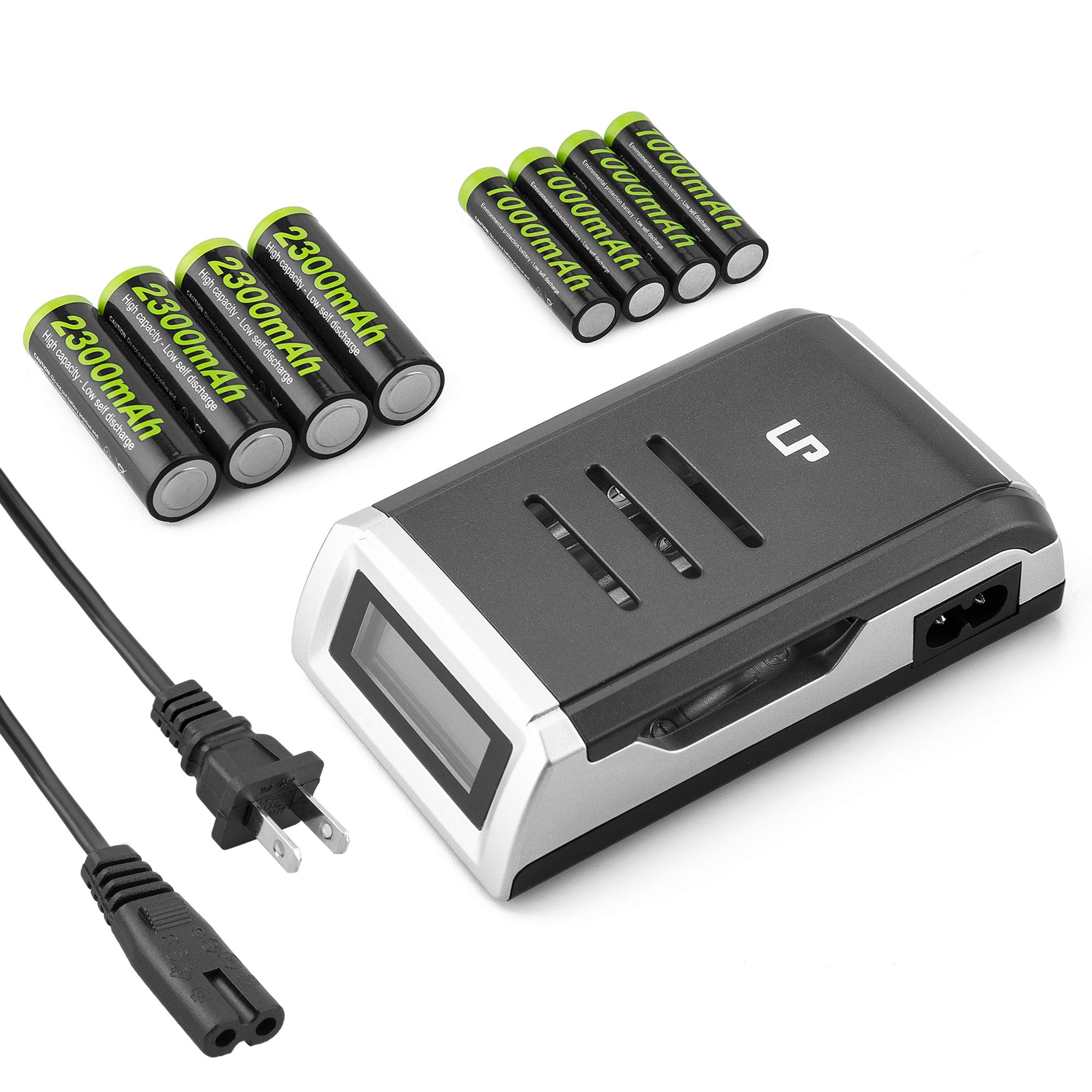 4-Slot AA AAA Battery Charger with LCD Display & 8 Rechargeable Batteries (4x 2300mAh AA + 4x 1000mAh AAA) - Fast Charging for Toys, Game Controllers, Wireless Keyboards, Flashlights & Electronic Devices