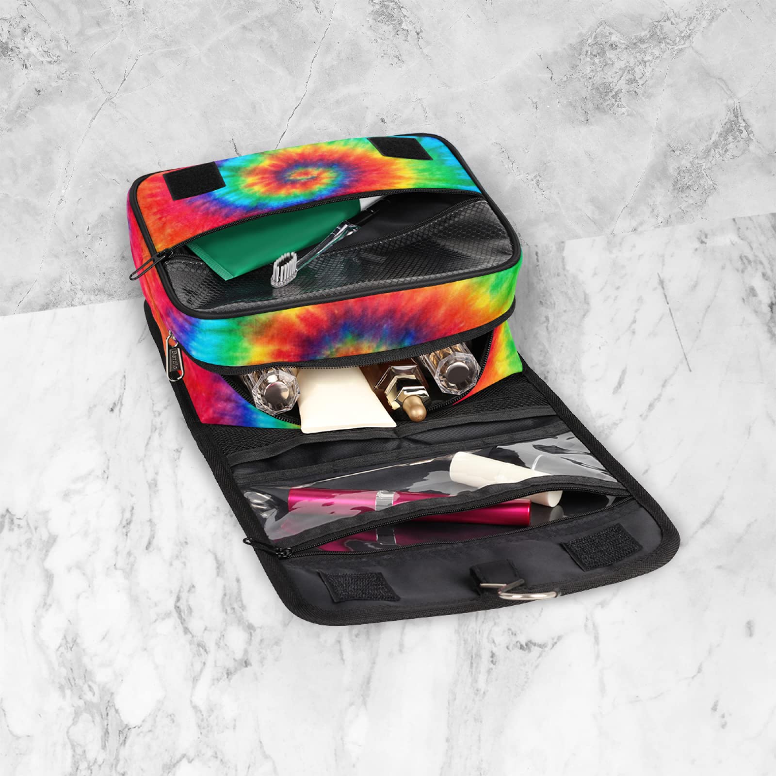 Waterproof Hanging Toiletry Bag for Women & Men - Rainbow Tie Dye Cosmetic Travel Organizer with Hooks | Perfect for Camping, Gym, Beach Trips & Airplane Carry-On