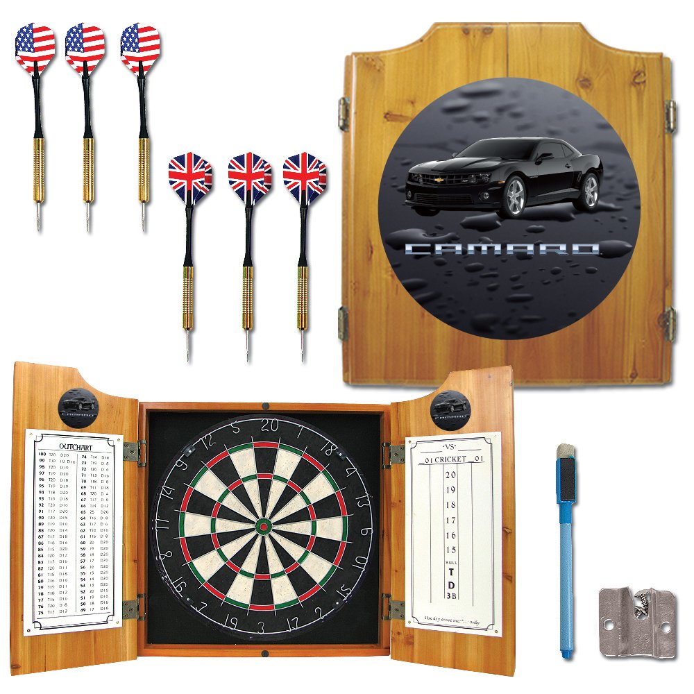 Chevrolet Camaro Wooden Dart Cabinet Set - Classic Car Themed Dartboard for Game Room, Man Cave, or Bar Decor - Perfect for Sports Fans and Car Enthusiasts