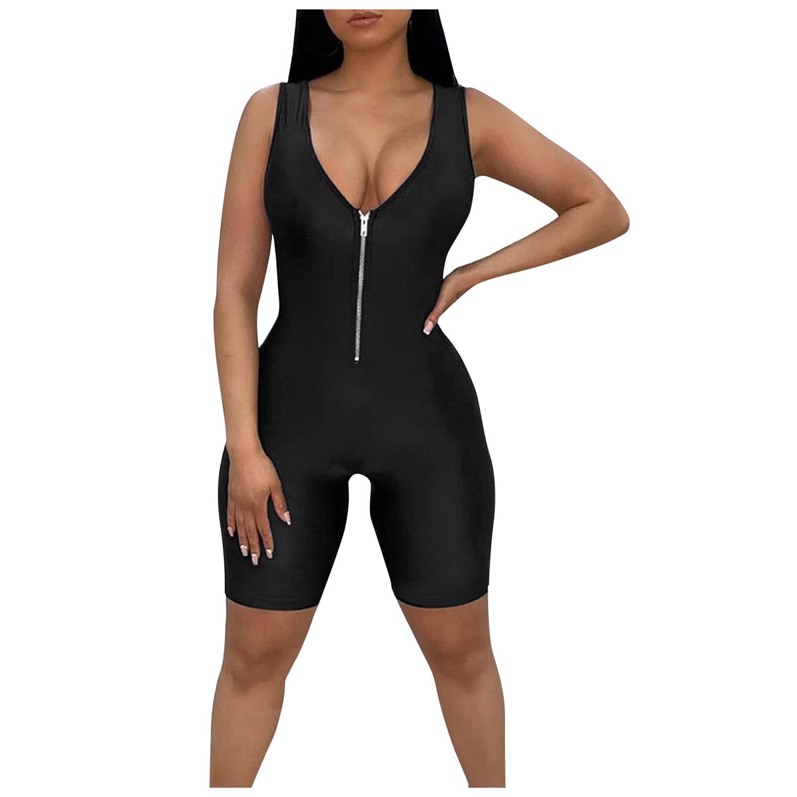 MOMKER Women's Sexy V-Neck Sleeveless Jumpsuit with Waist Zipper - Fashion Solid Wrap Neck Romper for Night Out, Party & Summer Wear