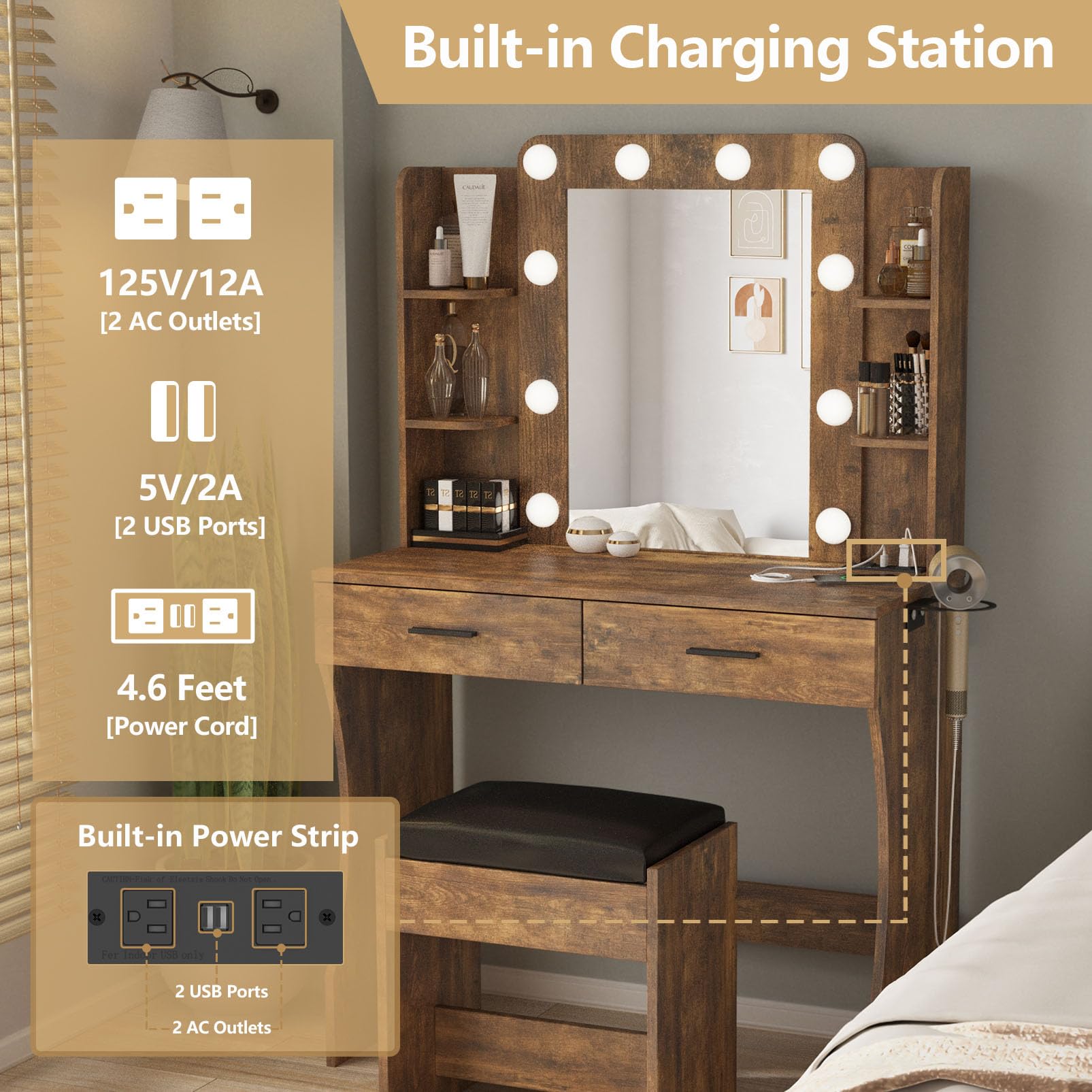 Vanity Desk with LED Lights & Power Strip, Makeup Dressing Table Set with 2 Large Drawers & Adjustable 3-Color Mirror, Rustic Brown - Perfect for Bedroom, Home Salon & Beauty Room Organization