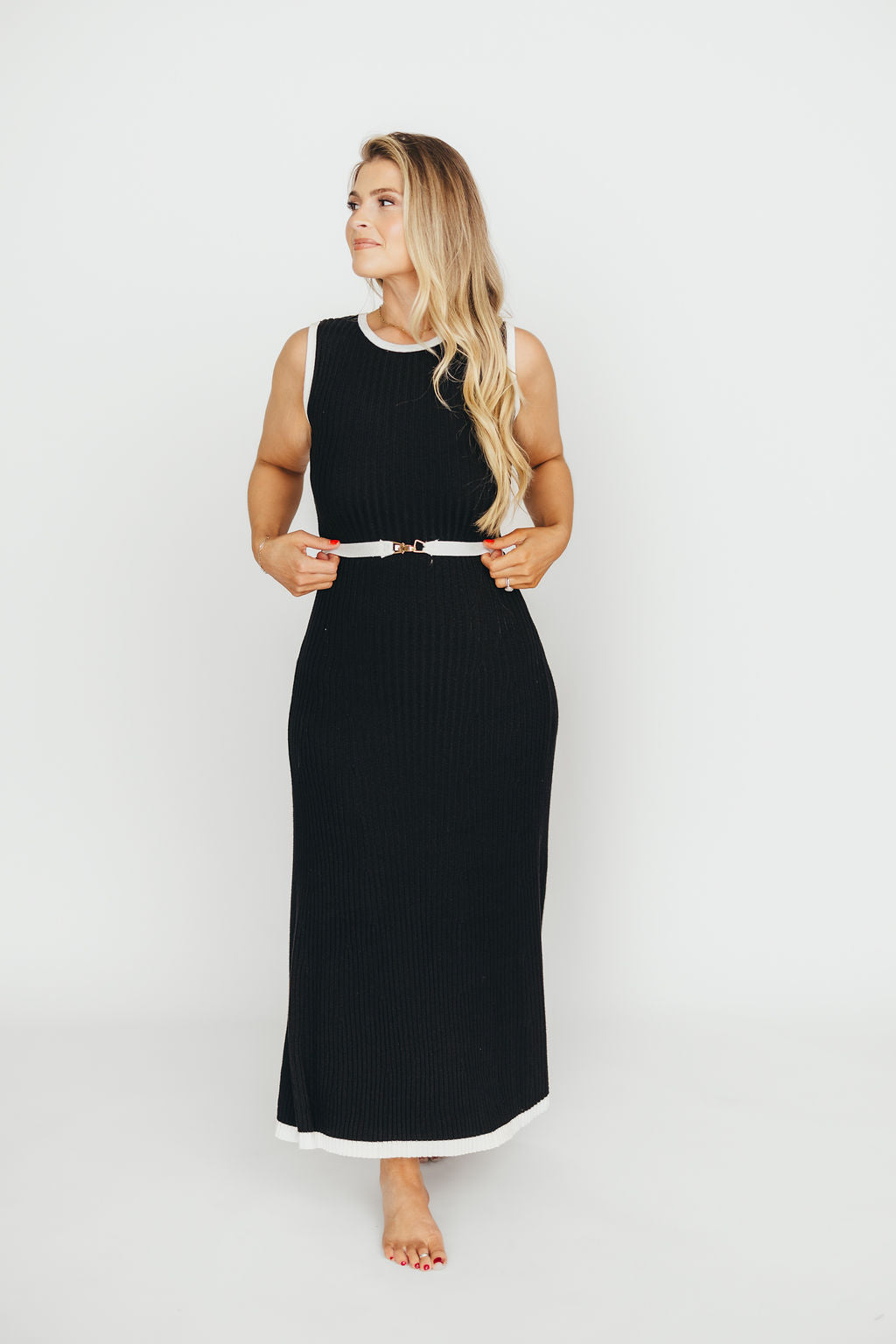 Drew Sleeveless Ribbed Knit Midi Dress - Black & White | Women's Stretchy Bodycon Dress for Casual Outings, Date Nights & Summer Vacations