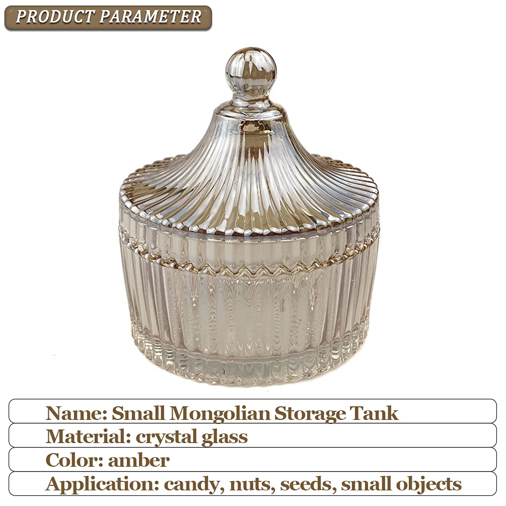 10OZ (280ML) Amber Glass Candy Dish with Lid - Decorative Covered Candy Bowl, Apothecary Jar for Biscuits, Seasonings & Treats - Perfect for Home, Kitchen, Office Desk & Gift Giving