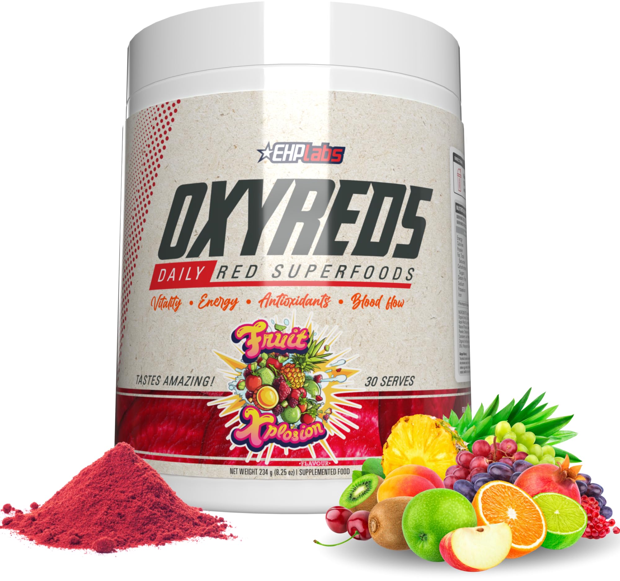 EHP Labs OxyReds Superfood Beets Powder - Nitric Oxide Booster, Organic Beet Root Powder for Immune Support & Digestive Health, Prebiotic Supplement with Fruit Xplosion Flavor, 30 Servings - Perfect for Smoothies, Energy Drinks & Post-Workout Recovery