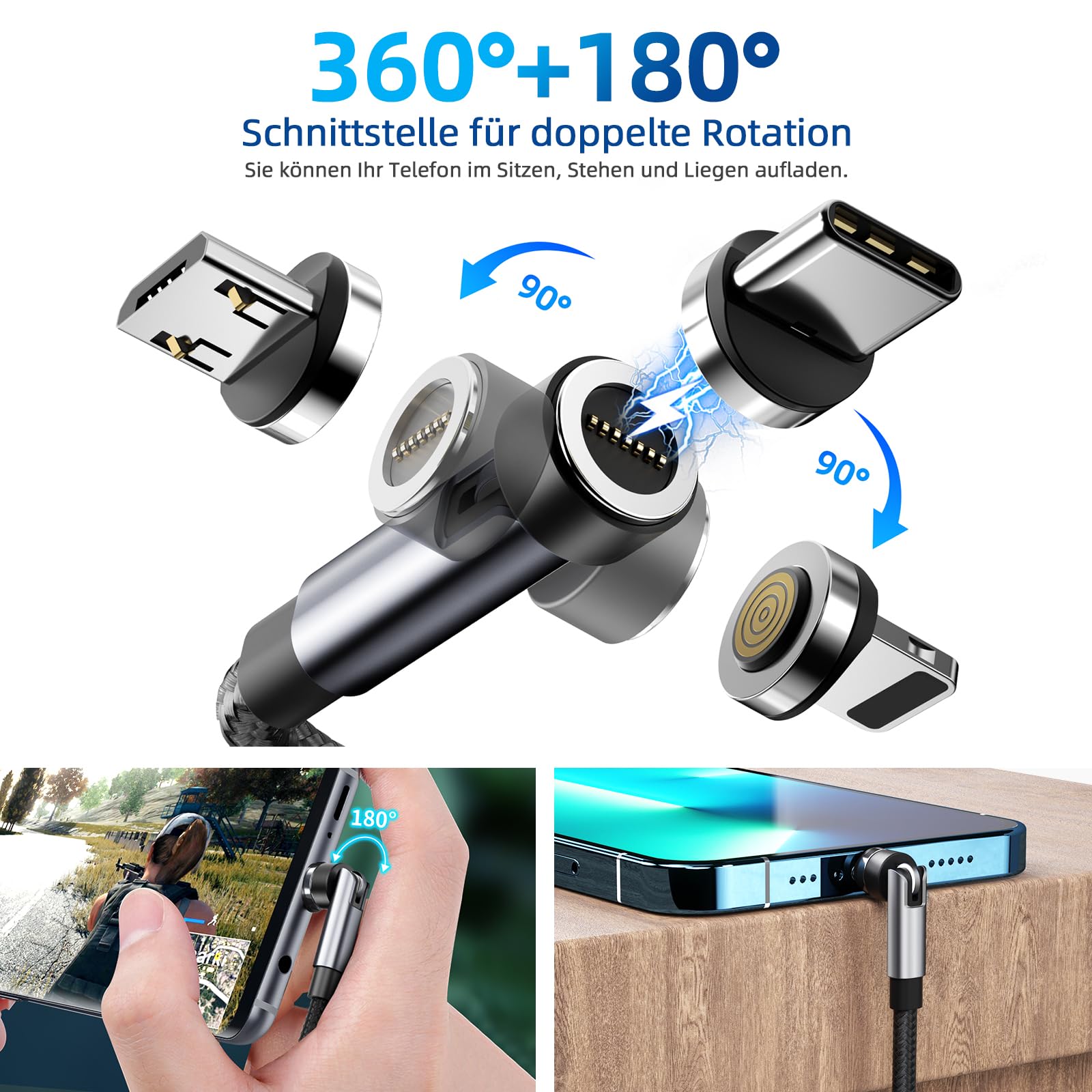 540° Rotating Magnetic Charging Cable 3-in-1 [4-Pack 3ft/3ft/6ft/10ft] - 3A Fast Charger with Data Transfer for iPhone, Android, Type C Devices - Perfect for Home, Office & Travel Charging