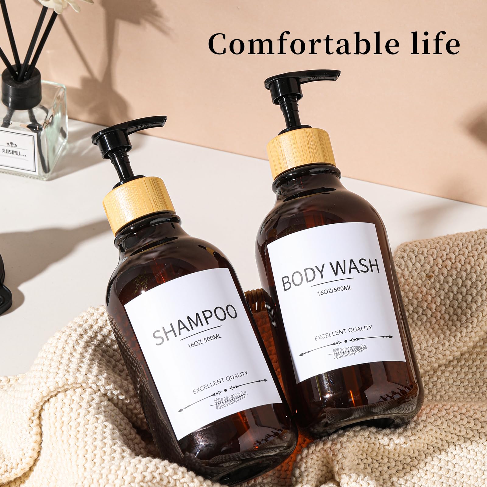 5-Pack Refillable Shampoo & Conditioner Dispenser Set - 16.9oz Amber Pump Bottles for Shower, Travel & Gym - Leakproof Bathroom Organizer for Hair Care Products