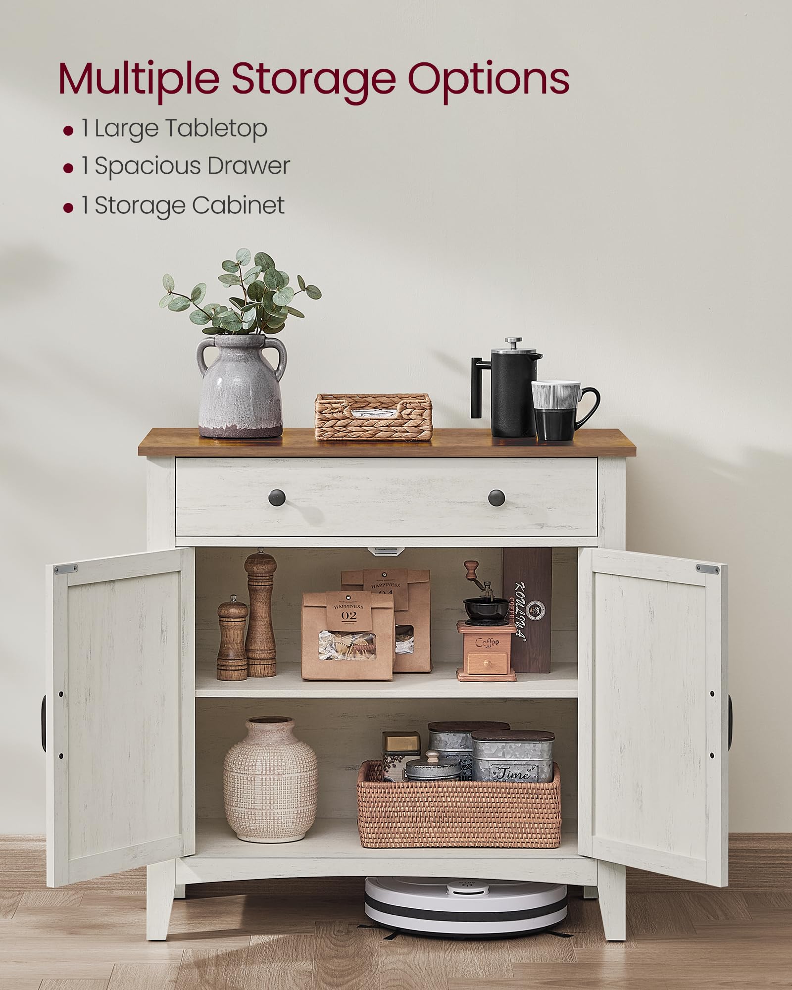 VASAGLE LIRY Buffet Cabinet - Rustic White & Honey Brown Coffee Bar Sideboard with Adjustable Shelf, Drawer Divider & Cable Hole | Perfect for Dining Room Storage, Kitchen Organization & Living Room Decor | UBBK341W01