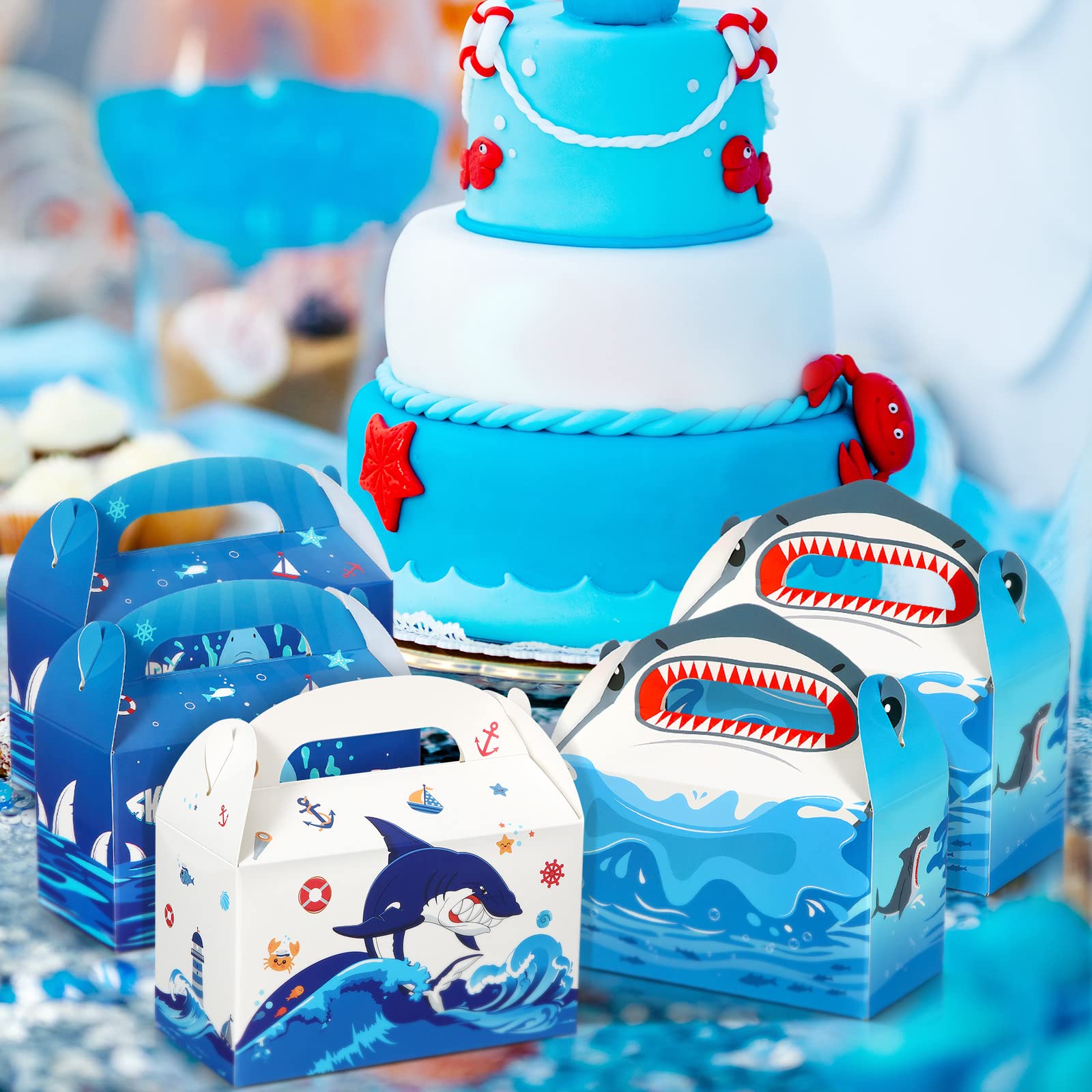 24 Pack Shark Party Favor Boxes 4.8x2.4x2.76 Inch - Mini Gable Goodie Bags for Candy, Ocean Theme Party Supplies - Perfect for Kids Birthday, Baby Shower, Beach & Pool Party Decorations (Blue)