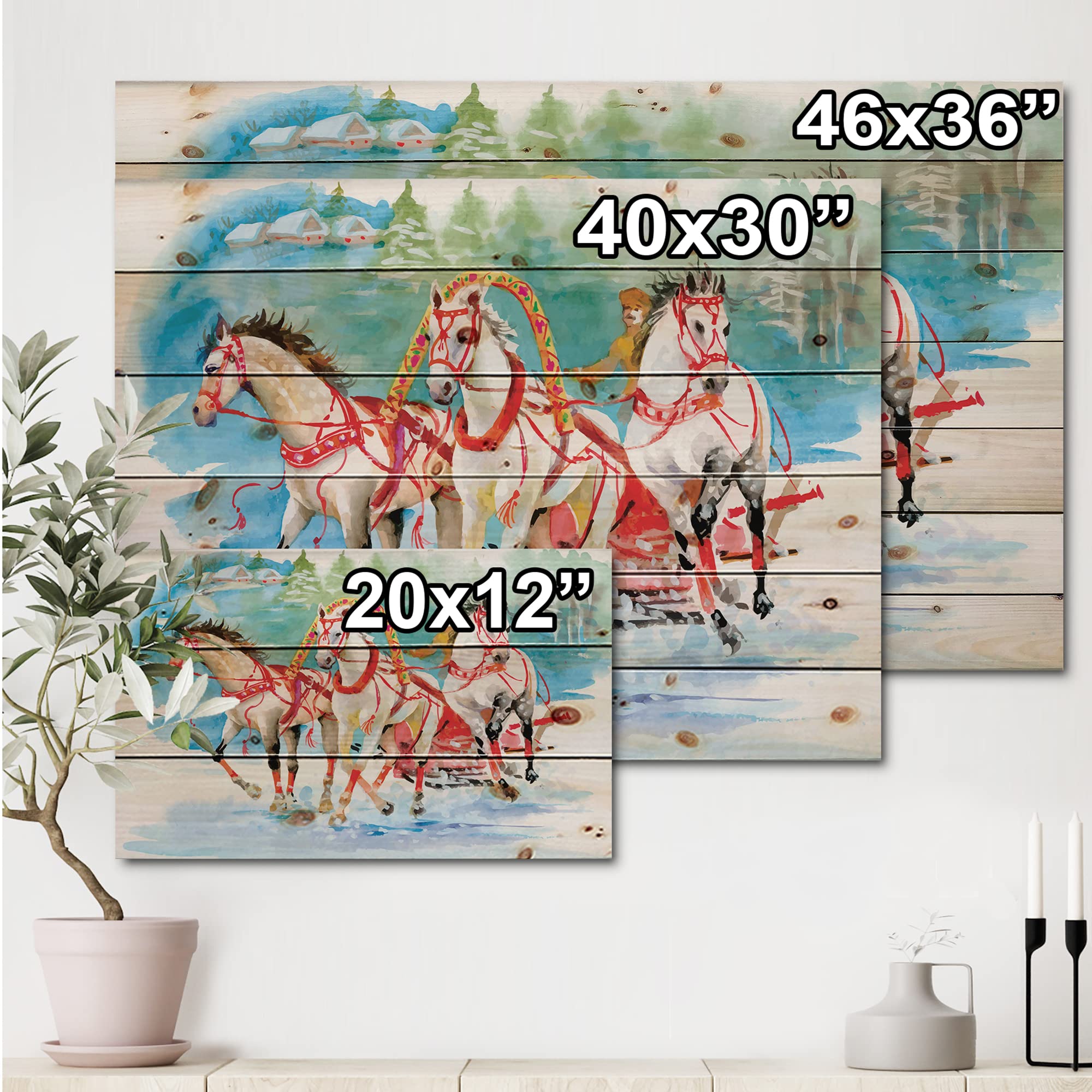 Farmhouse Wood Wall Decor - Galloping Horses with Carriage in Snow Scene, Red Wood Wall Art, Large Animal Wood Panels Printed on Natural Pine | Rustic Home Decor for Living Room, Bedroom, or Cabin
