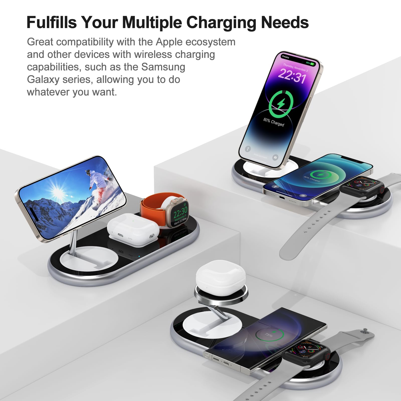 3-in-1 Magnetic Wireless Charging Station for iPhone 16/15/14/13/12 Pro Max Plus, Apple Watch & AirPods - Fast MagSafe Charger Stand with Adjustable Angle | Perfect for Home, Office & Nightstand Charging