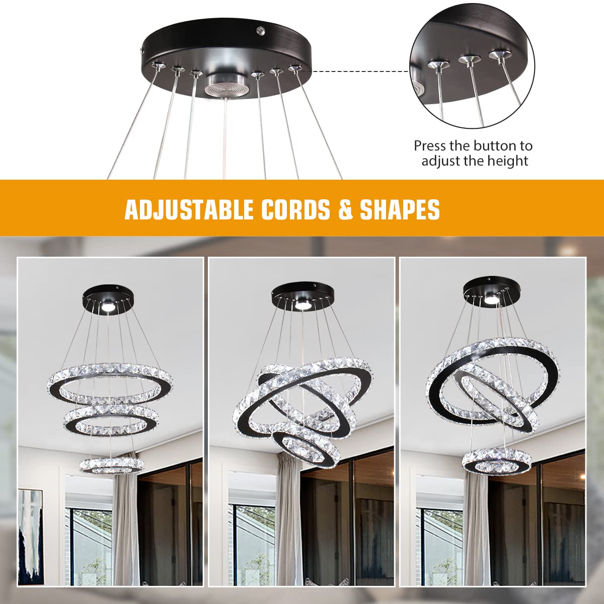 Modern LED Crystal Black Chandelier - 3-Tier Adjustable Height Pendant Light Fixture for Dining Room, Bedroom & Living Room (Cool White) | Elegant Ceiling Lighting for Home Decor, Wedding Venues & Restaurants