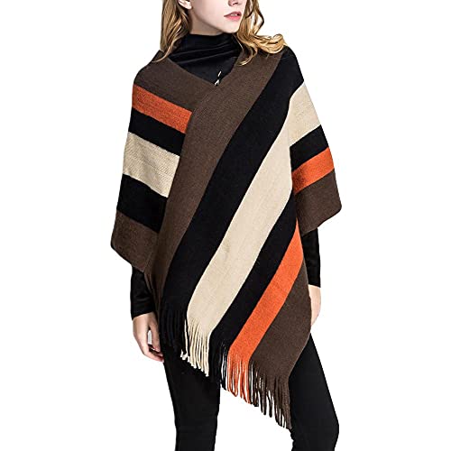 CHSWVUKQ Women's Color Block Poncho Cape - Stylish Open Front Shawl Wrap with Stripe Pattern | Cozy Blanket for Fall Fashion, Outdoor Activities & Lounge Wear