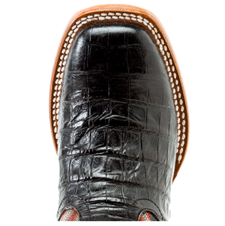 Anderson Bean Kids Black Caiman Print Square Toe Boots - Genuine Leather Western Boots for Boys & Girls - Comfortable Cowboy Boots for School, Rodeo & Outdoor Activities