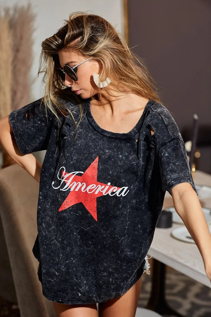 BiBi Laser Cut Mineral Washed Jersey Top - Trendy Women's Fashion Tops for Casual Wear & Street Style | Perfect for Everyday Outfits, Weekend Hangouts & Summer Looks
