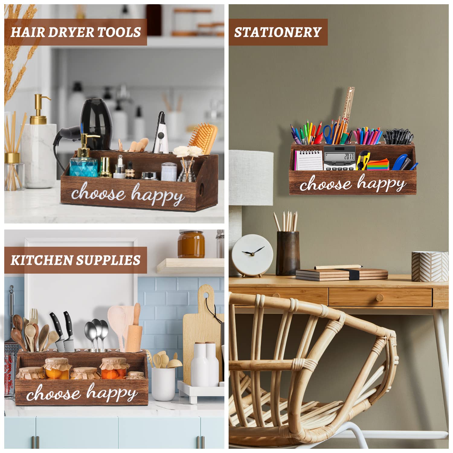 Rustic Wood Hair Dryer Holder & Hot Tools Organizer - Wall Mounted & Countertop Blow Dryer Stand for Curling Iron, Straightener, and Styling Tools - Bathroom Vanity Storage Cabinet Organizer for Home Salon & Spa Use