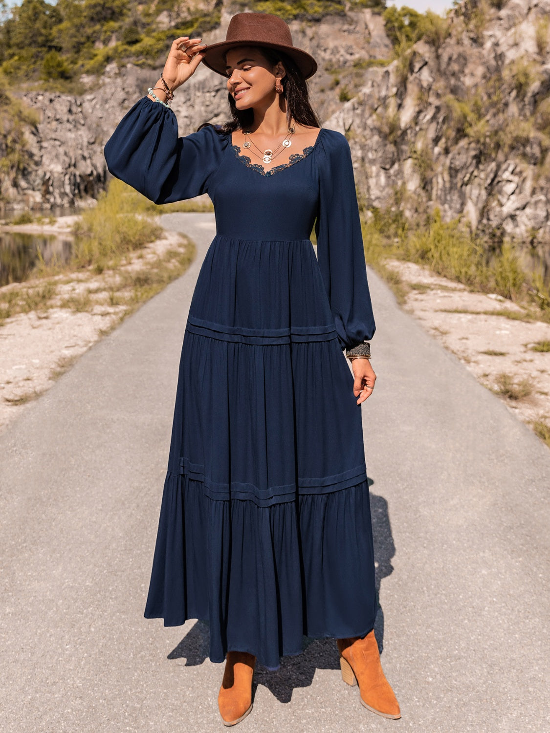 Elegant Long Sleeve Lace Trim Maxi Dress for Women - Boho Flowy Evening Gown for Weddings, Parties & Special Occasions