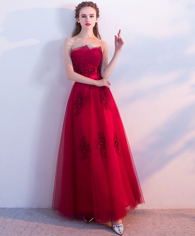Elegant Burgundy Tulle Lace Long Prom Dress with Flowy Skirt - Formal Evening Gown for Homecoming, Wedding Guest, or Special Occasions