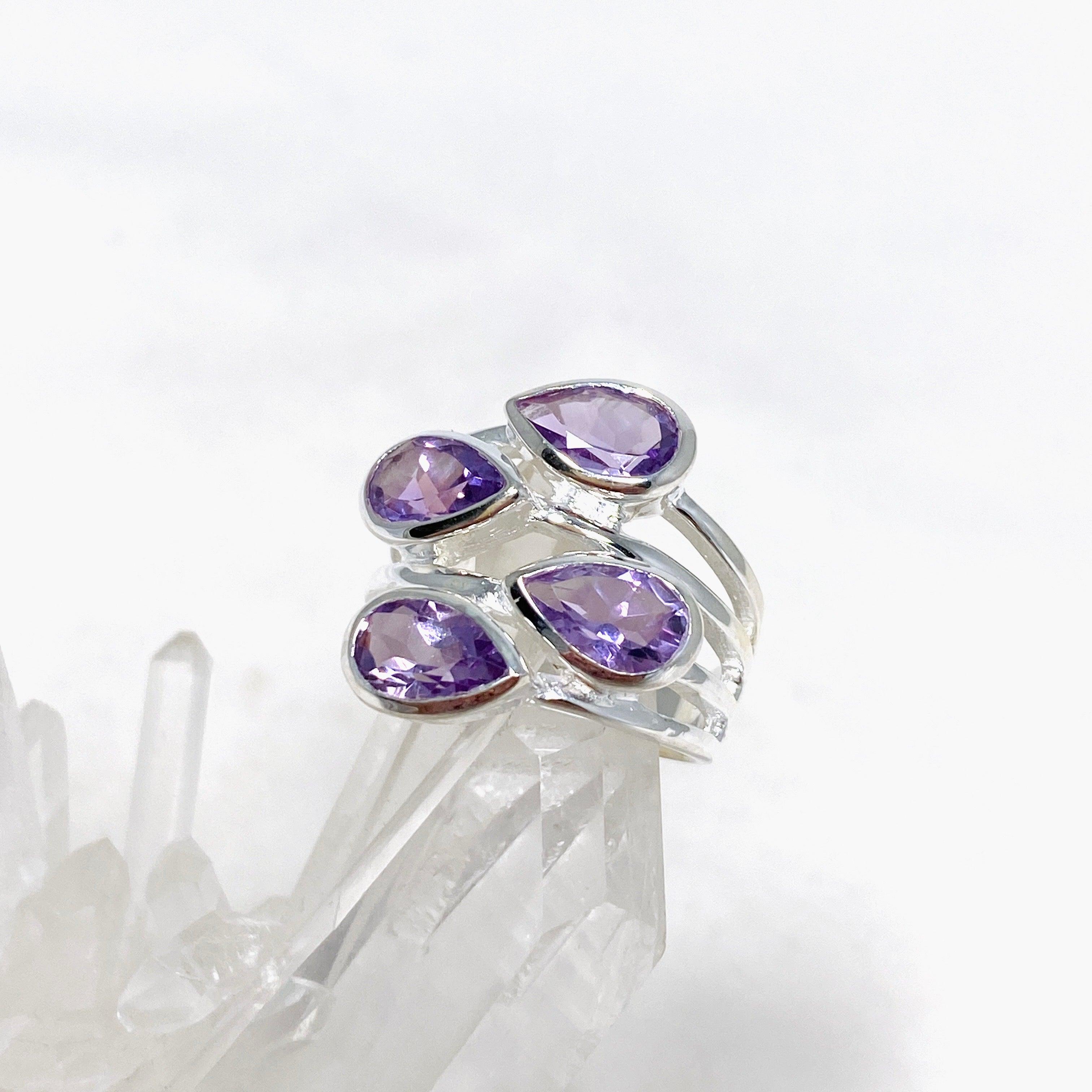 Amethyst Multi-Stone Faceted Teardrop Ring R3815 - Elegant Purple Gemstone Jewelry for Women, Perfect for Weddings, Parties & Special Occasions