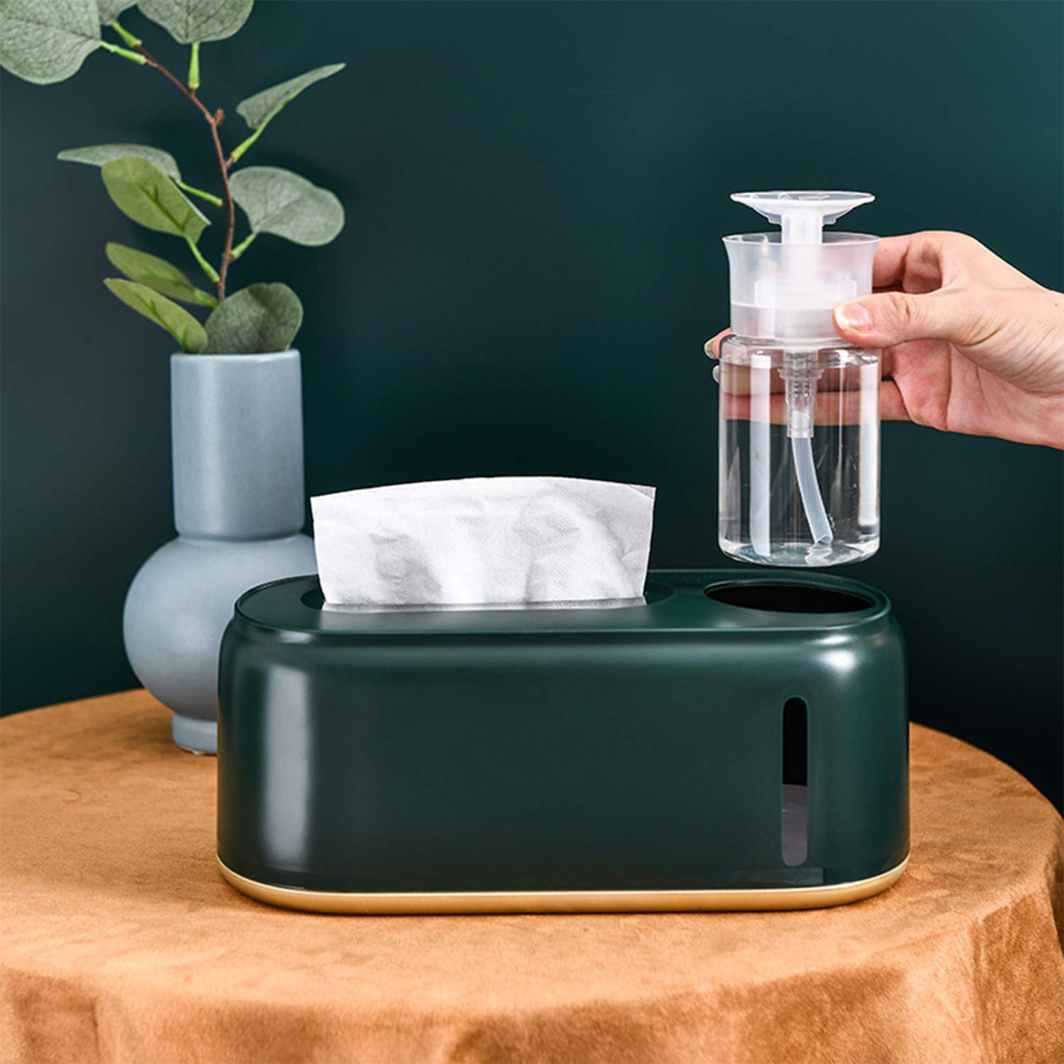 Sheebo Tissue Box Cover with Pump Dispenser Bottle - Decorative Facial Tissue Holder for Vanity, Bedroom, Office & Nightstand | Stylish Home Decor Accessory for Makeup Counter, Dresser & Desk (Green)