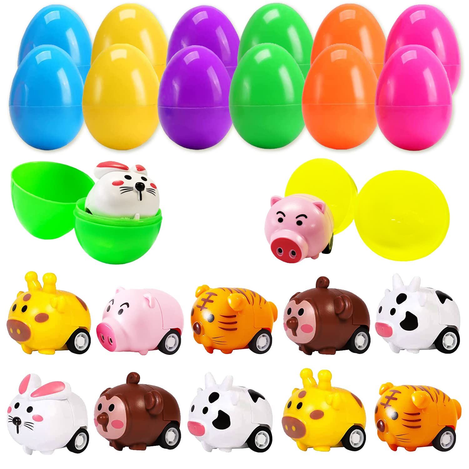 12 Pack Easter Eggs with Animal Pull Back Toy Cars - Easter Basket Stuffers, Party Favors, Classroom Prizes & Surprise Gifts for Kids - Perfect for Easter Egg Hunts, Themed Parties & School Rewards
