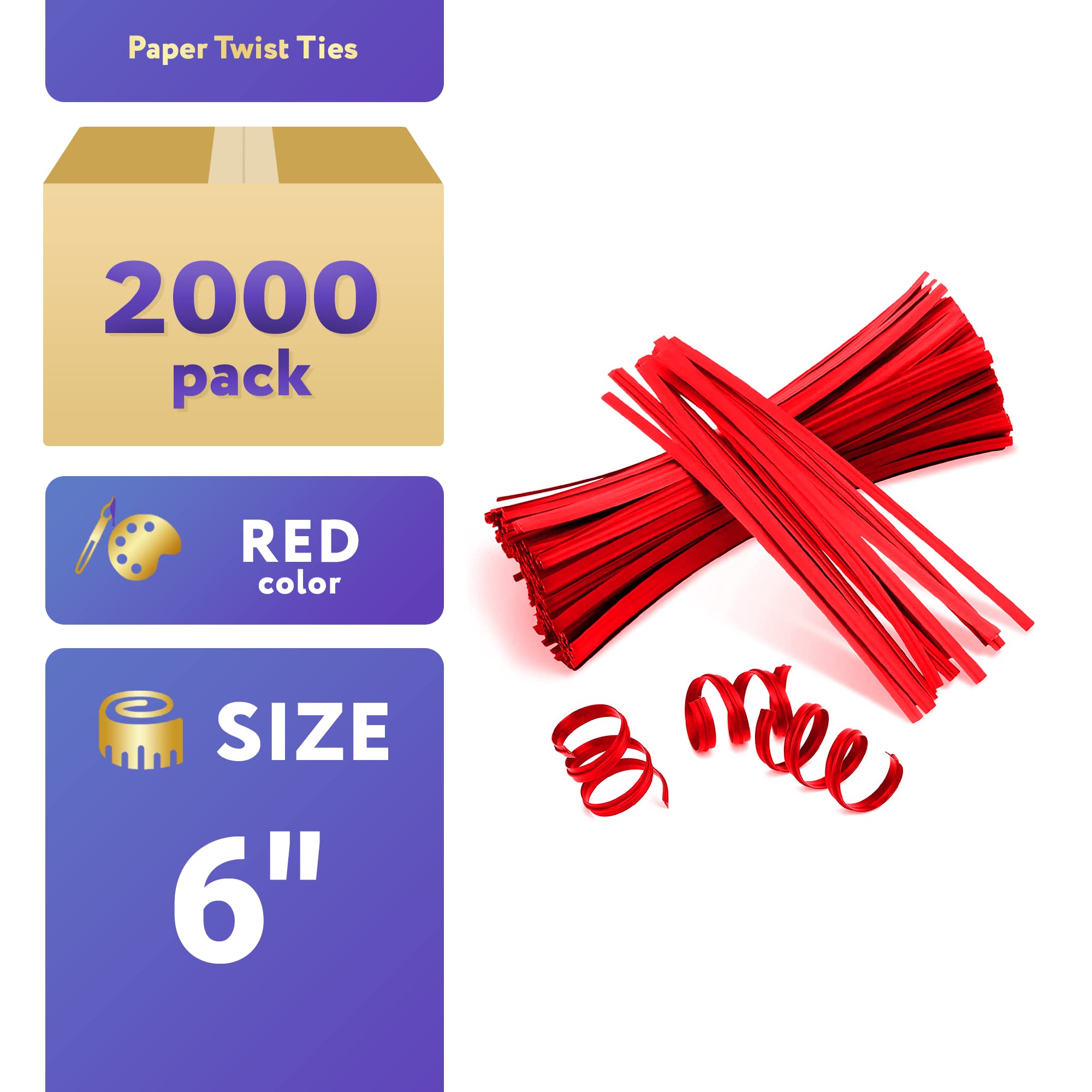 APQ Red Metallic Twist Ties for Bags - 6 Inch 2000 Pack Plastic-Coated Bread Bag Closures | Reusable Heavy-Duty Twisty Ties for Treat Bags, Bakery, Gift Wrapping & Food Storage | Durable Light Metallic Bread Ties for Home & Commercial Use