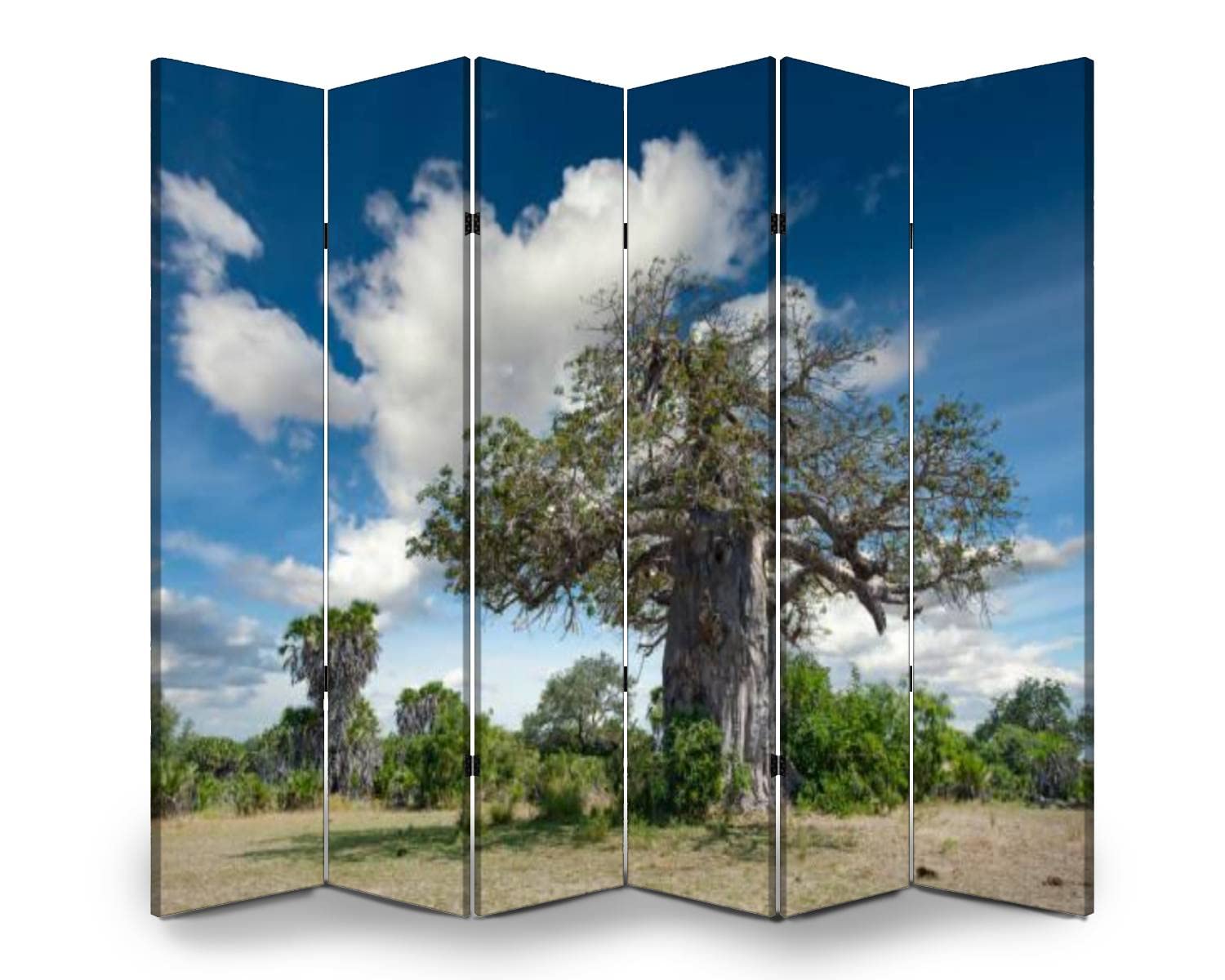 VDSRYGMLB African Baobab Tree Savannah Folding Room Divider - 6-Panel Wood Screen Privacy Partition with Dual-Sided Canvas Design for Home, Office & Indoor Decor | Perfect for Living Room, Bedroom & Studio Spaces