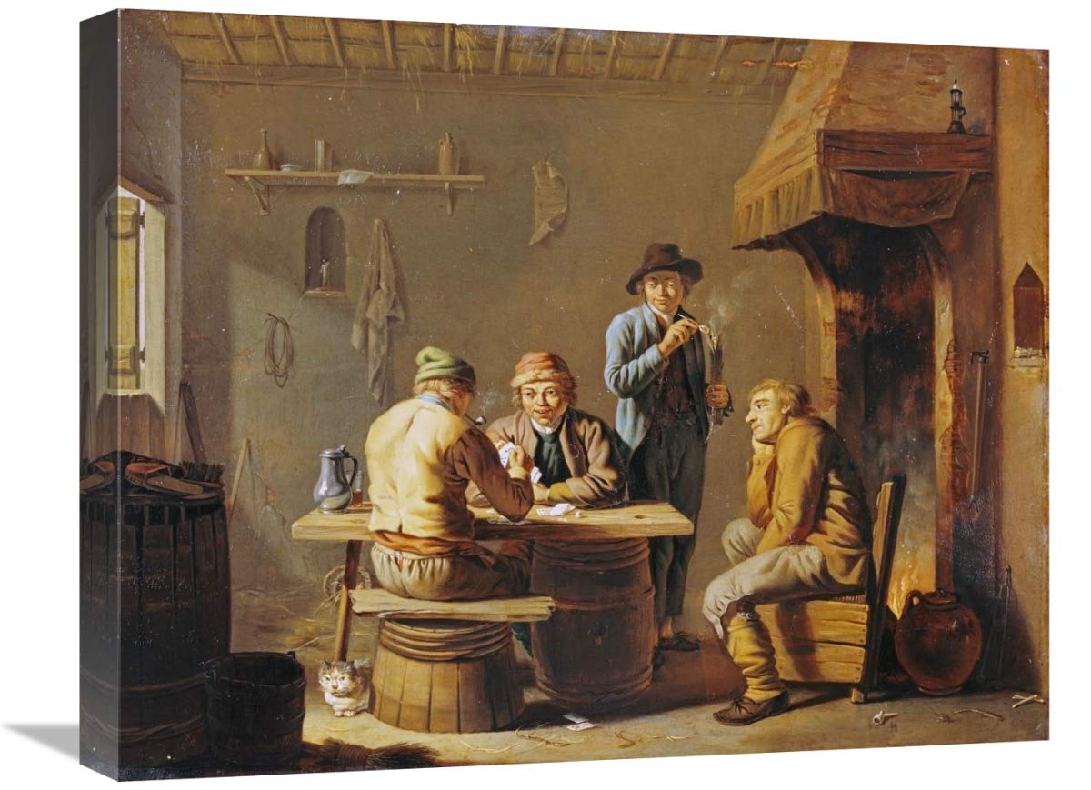 22 Inch Peasants Playing Cards by a Cottage Fire Art Print - Justus Juncker Painting - Vintage Home Decor for Living Room, Bedroom & Office
