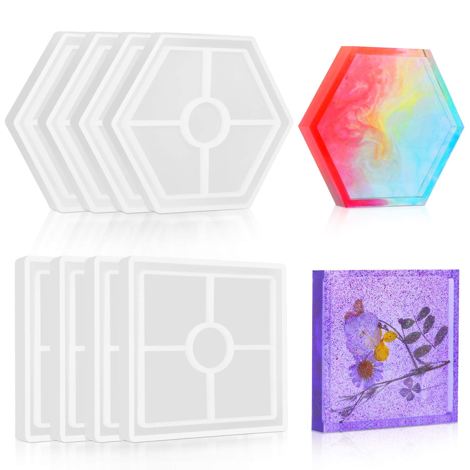 8Pcs Resin Coaster Molds Set - 4 Square & 4 Hexagon Epoxy Silicone Molds for DIY Resin Casting - Perfect for Handmade Coasters, Home Decor, and Unique Gifts (Great for Parties, Weddings & Housewarming)